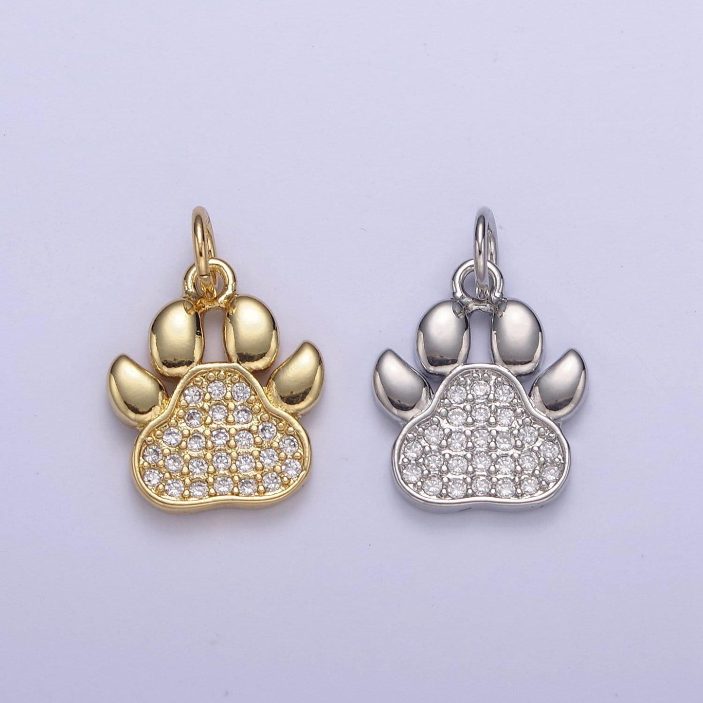 Mini dog cat bear paw print pendant in silver or gold, micro cz pave | diy fashion jewelry charm for necklace bracelet earring | n-685