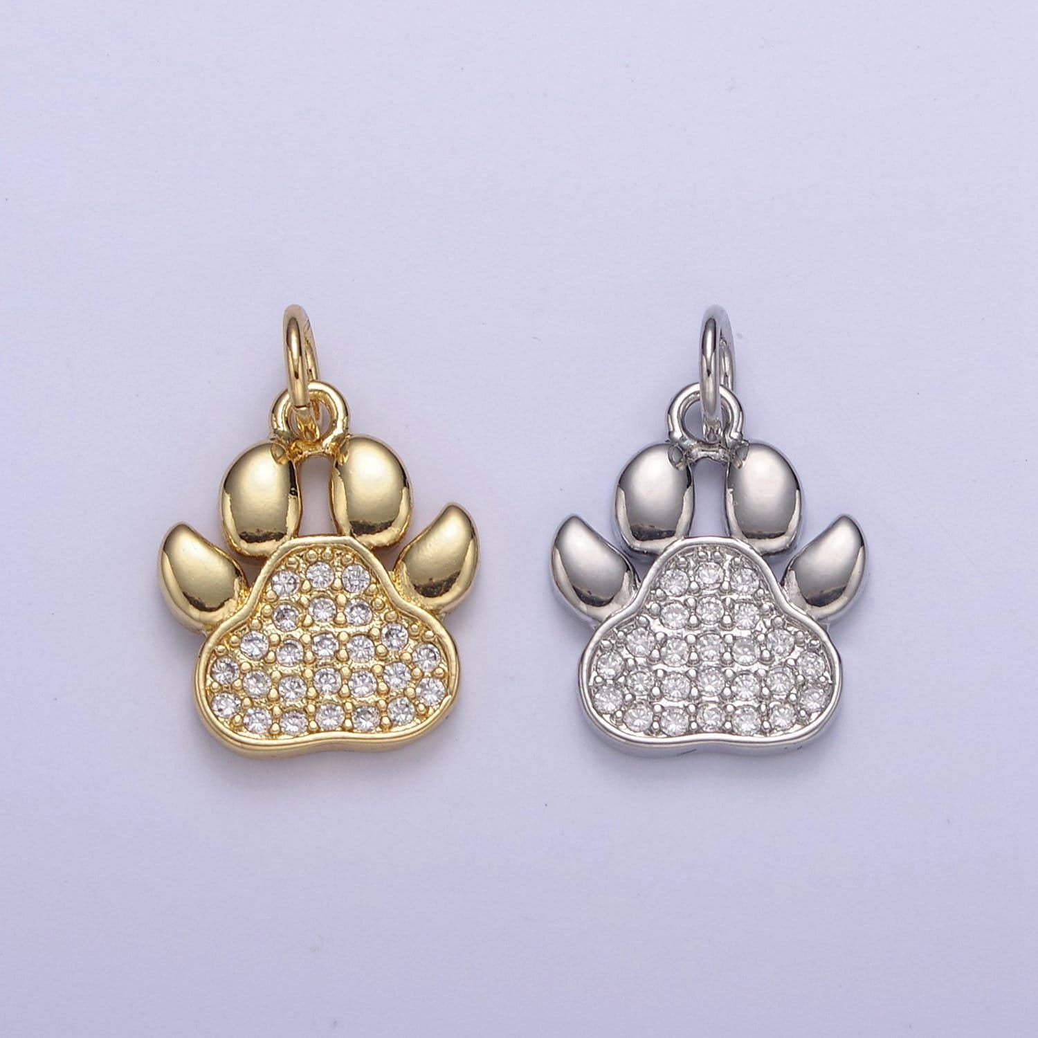 Mini dog cat bear paw print pendant in silver or gold, micro cz pave | diy fashion jewelry charm for necklace bracelet earring | n-685