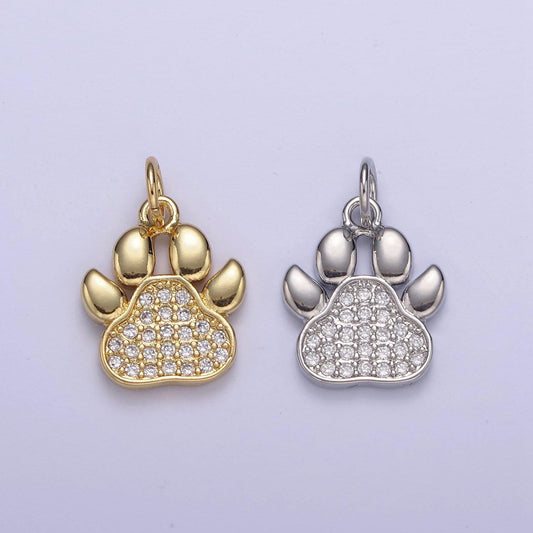 Mini dog cat bear paw print pendant in silver or gold, micro cz pave | diy fashion jewelry charm for necklace bracelet earring | n-685