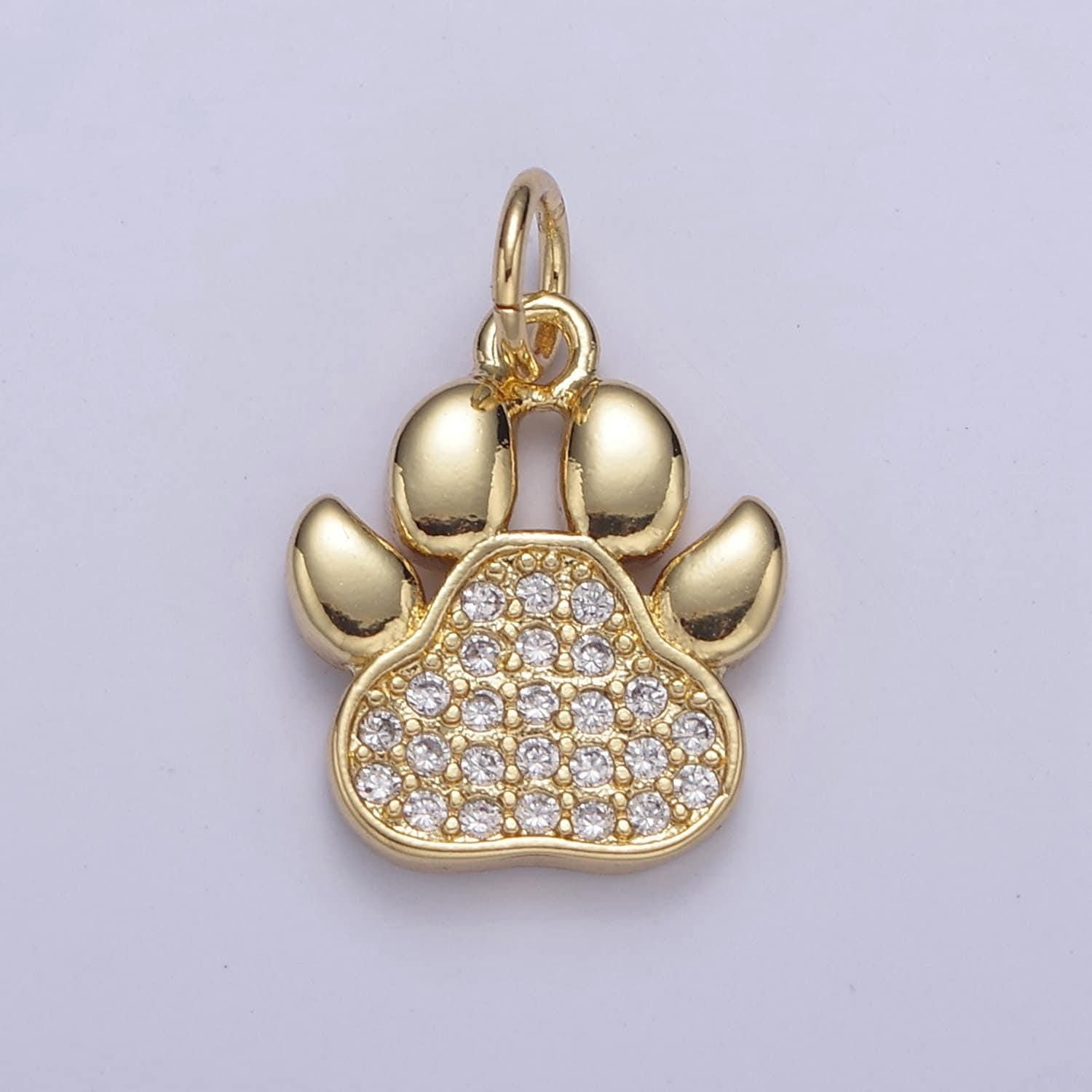 Mini dog cat bear paw print pendant in silver or gold, micro cz pave | diy fashion jewelry charm for necklace bracelet earring | n-685