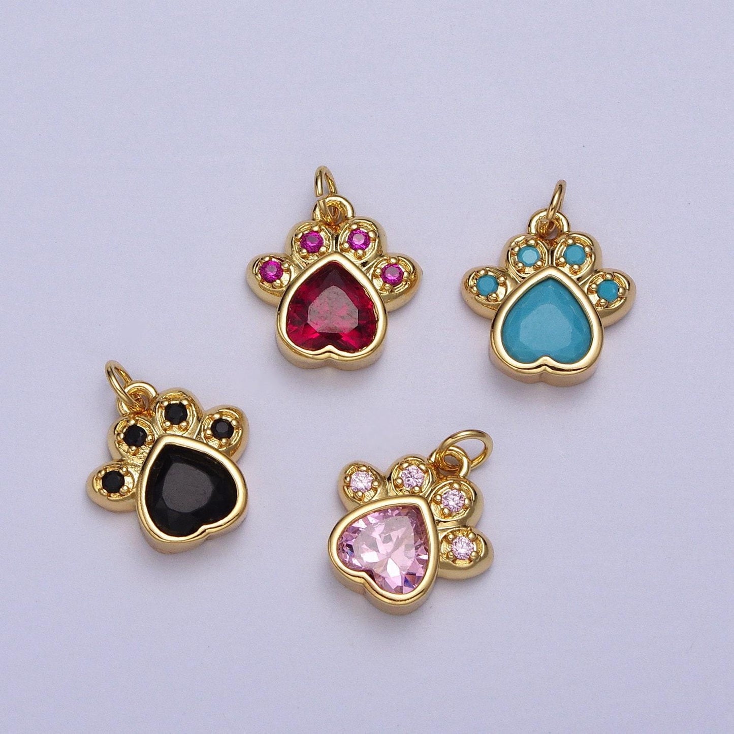 Tiny dog cat bear paw print pendant in gold micro pave teal pink black cz animal jewelry charm for collar necklace bracelet ac019