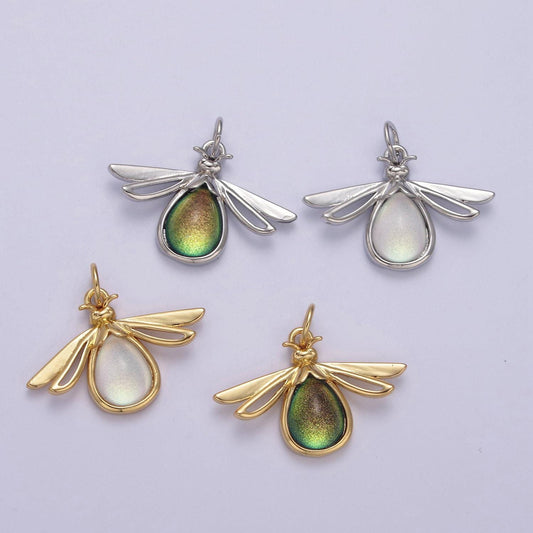 Dainty firefly dangle pendant in gold or silver with clear or green stone | diy fashion jewelry charm for necklace bracelet earring | n-677
