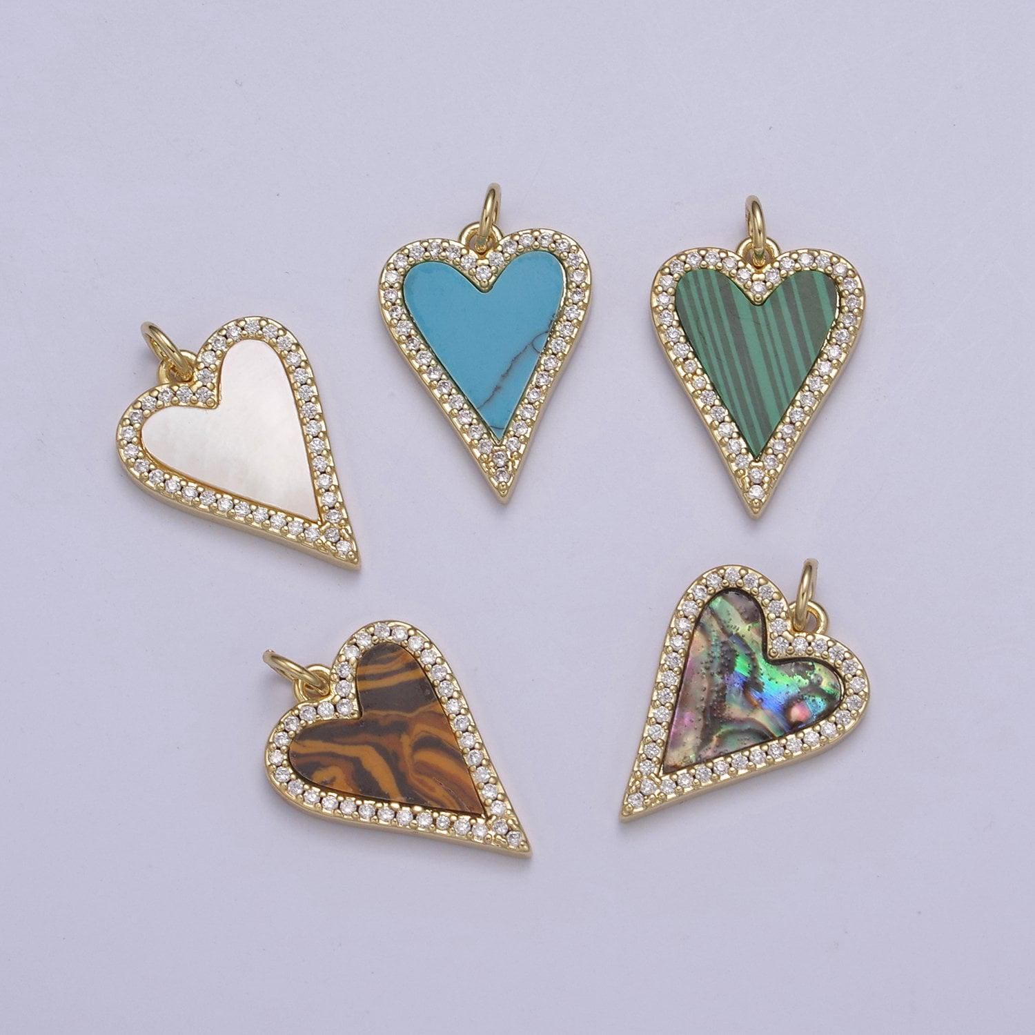 14k gold filled pearl, tiger eye, turquoise abalone shell charm pendant, heart love charm for necklace bracelet jewelry making n-640