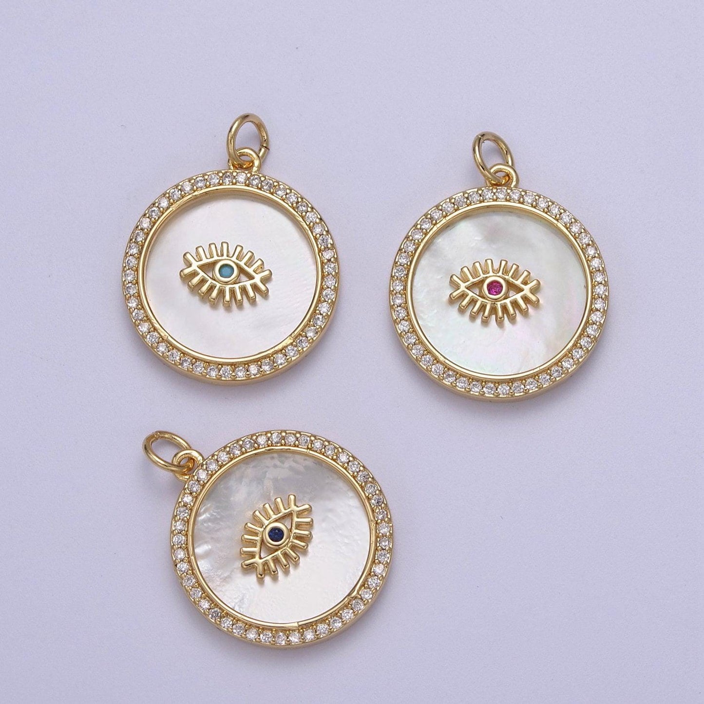 14k gold filled medallion charm mother of pearl, micro pave evil eye pendant for minimalist jewelry