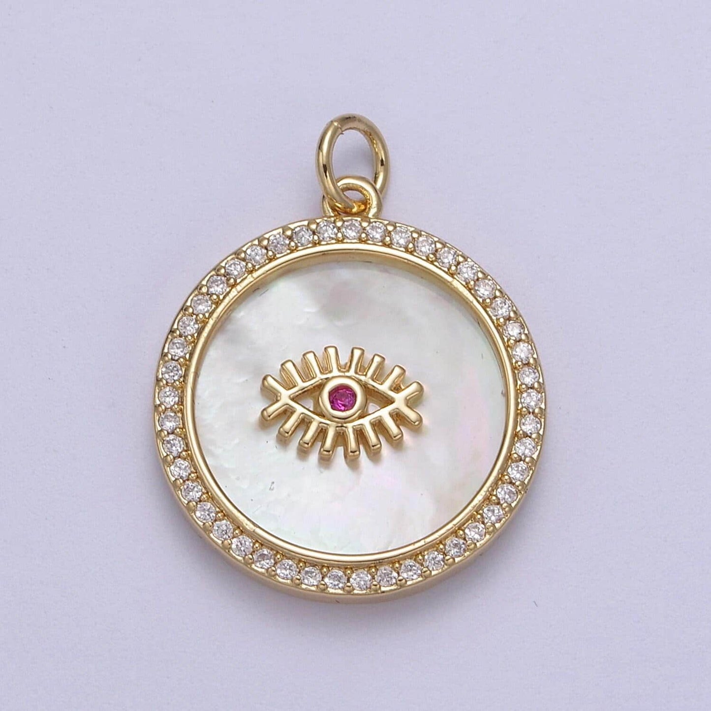 14k gold filled medallion charm mother of pearl, micro pave evil eye pendant for minimalist jewelry