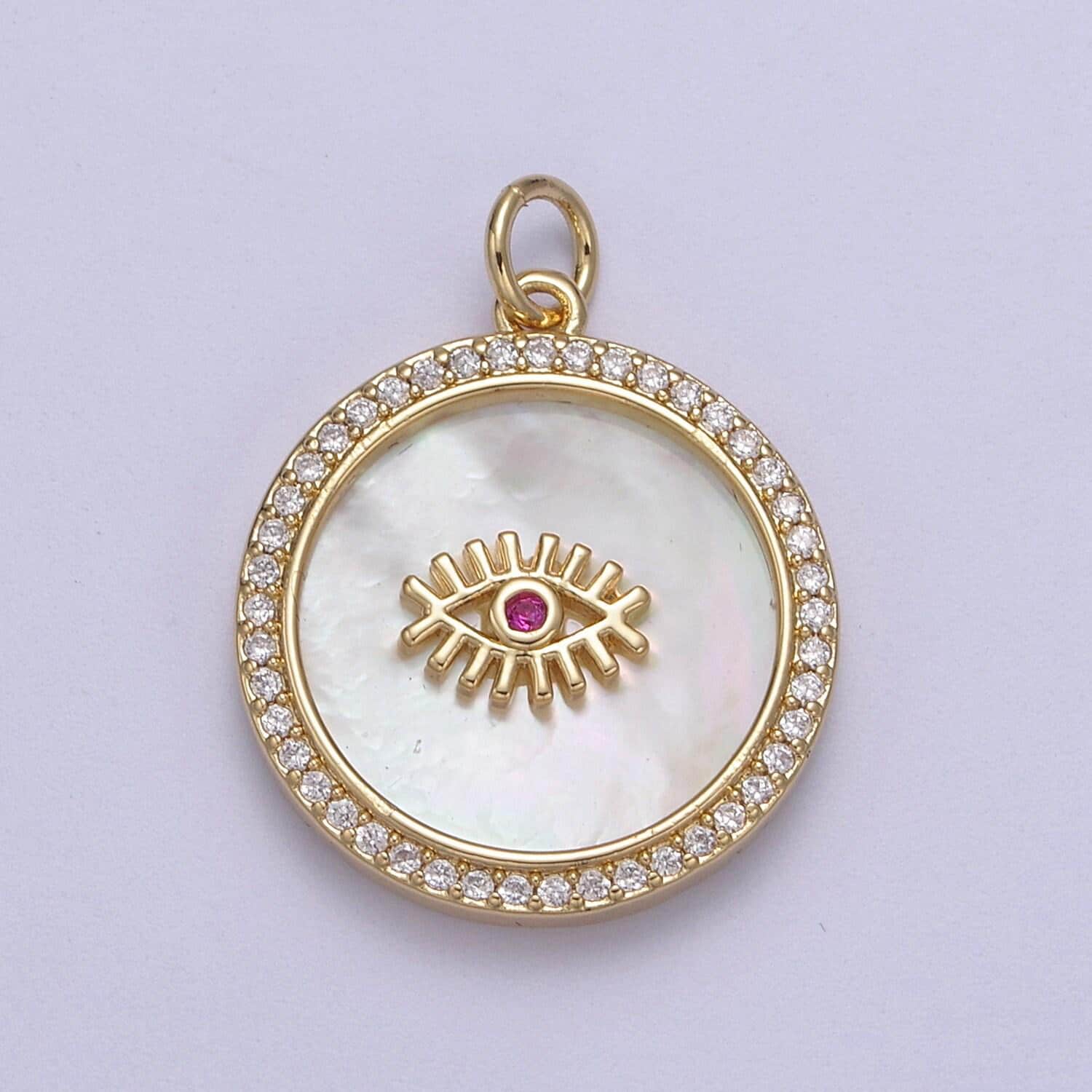 14k gold filled medallion charm mother of pearl, micro pave evil eye pendant for minimalist jewelry
