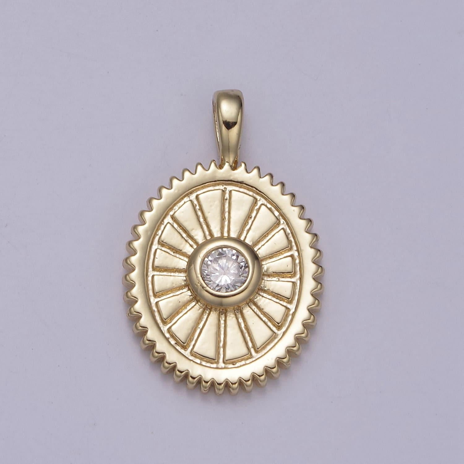 24k gold filled oval charm sunburst with clear round cz centerpiece for minimalist jewelry making n-610