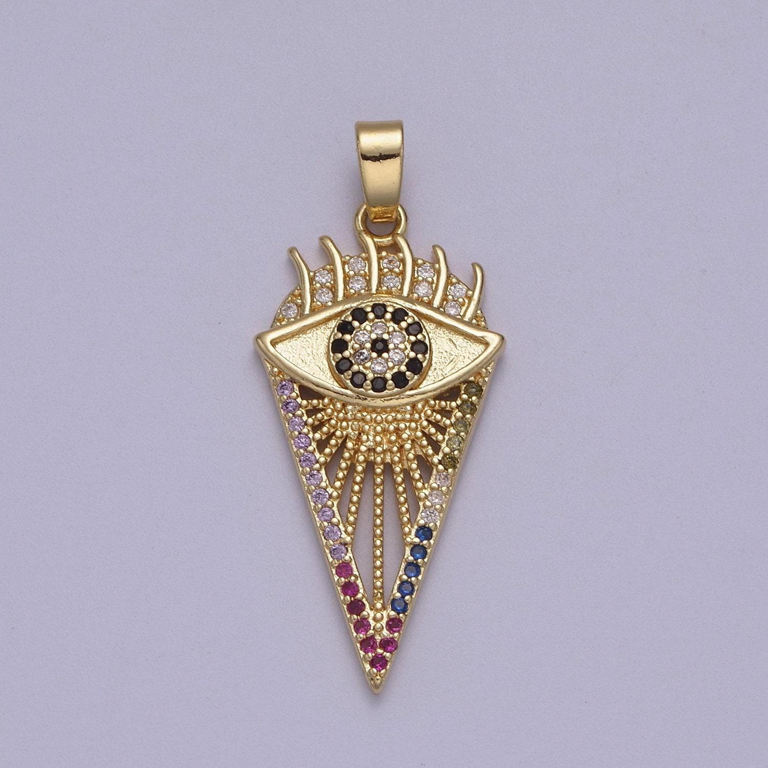 Cubic triangle pendant with evil eye multi colored cz pave 14k gold filled | diy charm necklace bracelet earring | n-597