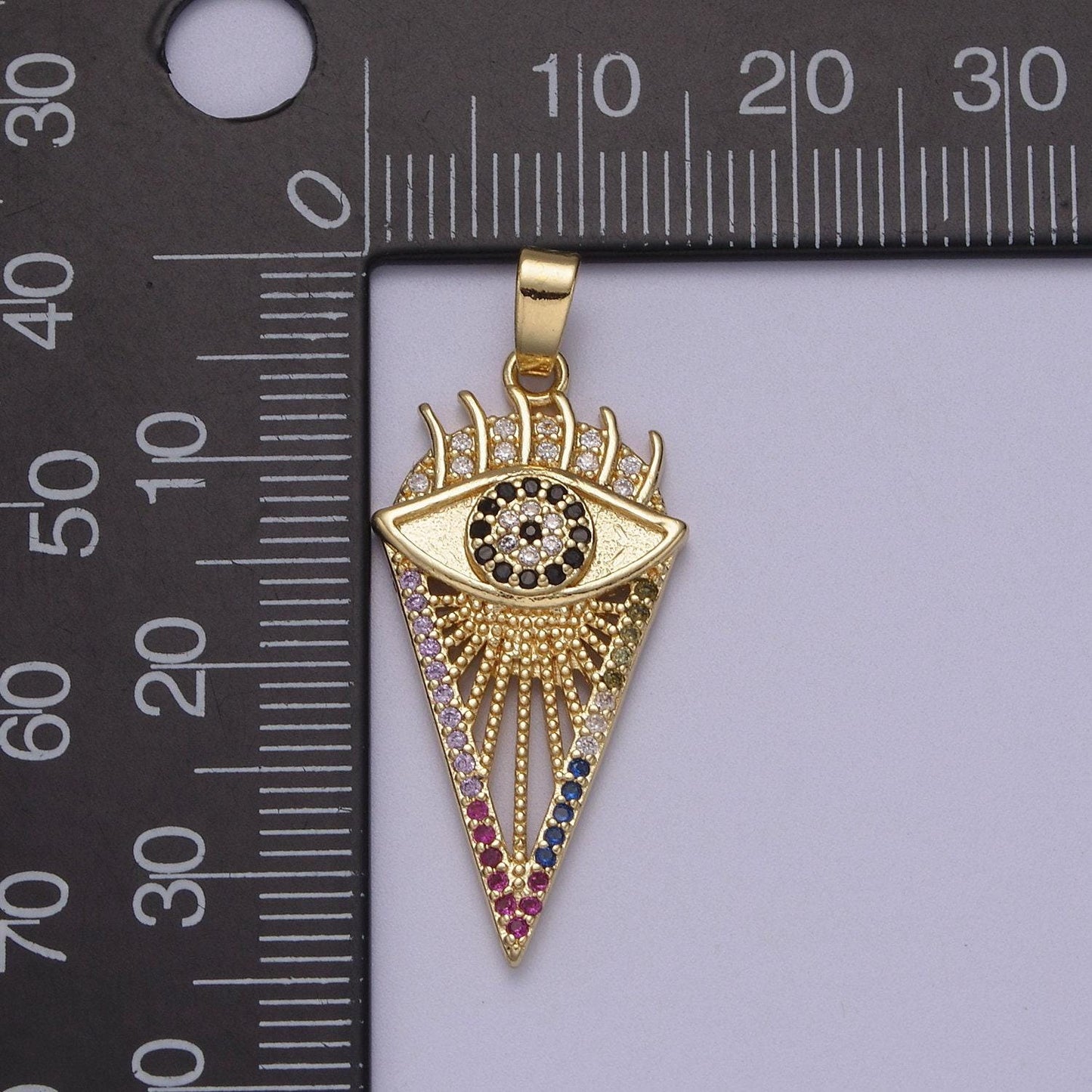 Cubic triangle pendant with evil eye multi colored cz pave 14k gold filled | diy charm necklace bracelet earring | n-597
