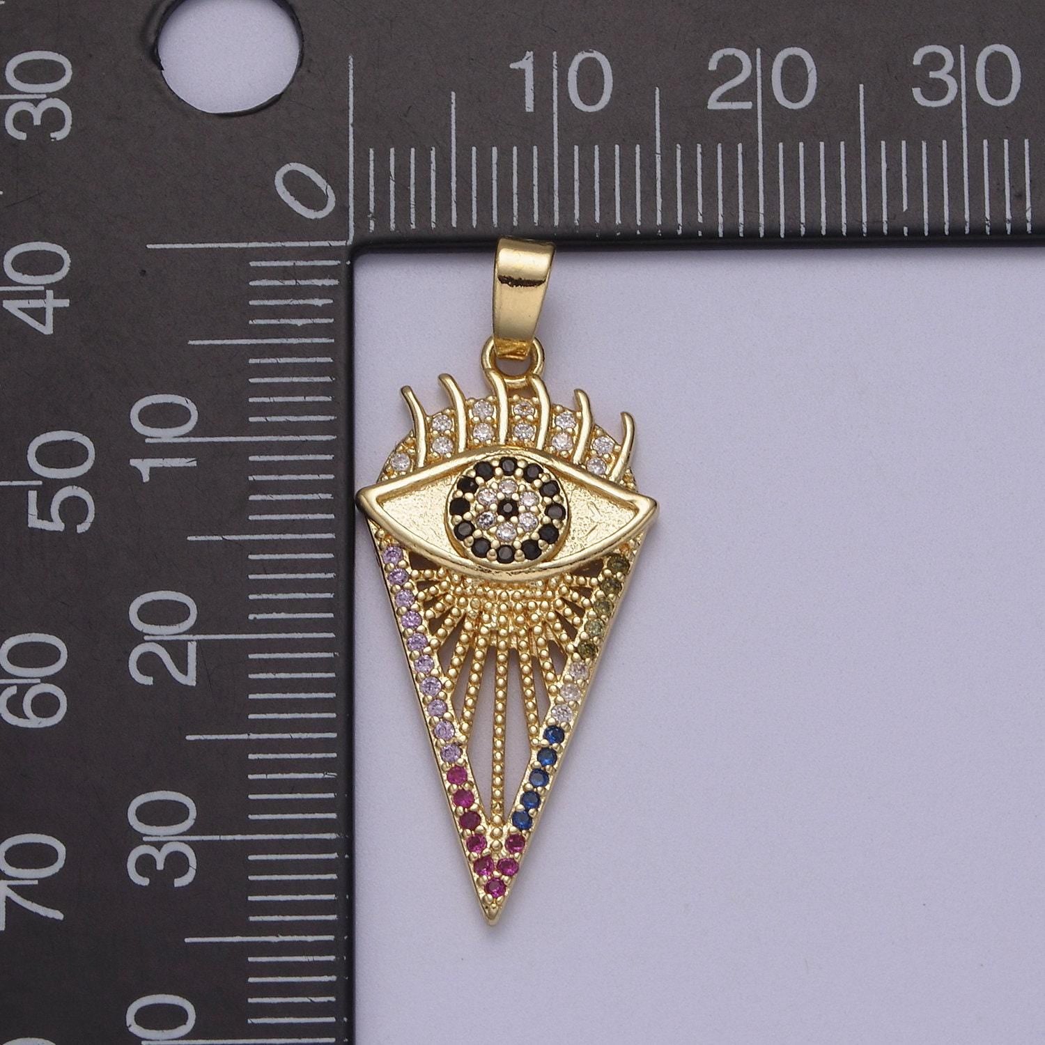 Cubic triangle pendant with evil eye multi colored cz pave 14k gold filled | diy charm necklace bracelet earring | n-597