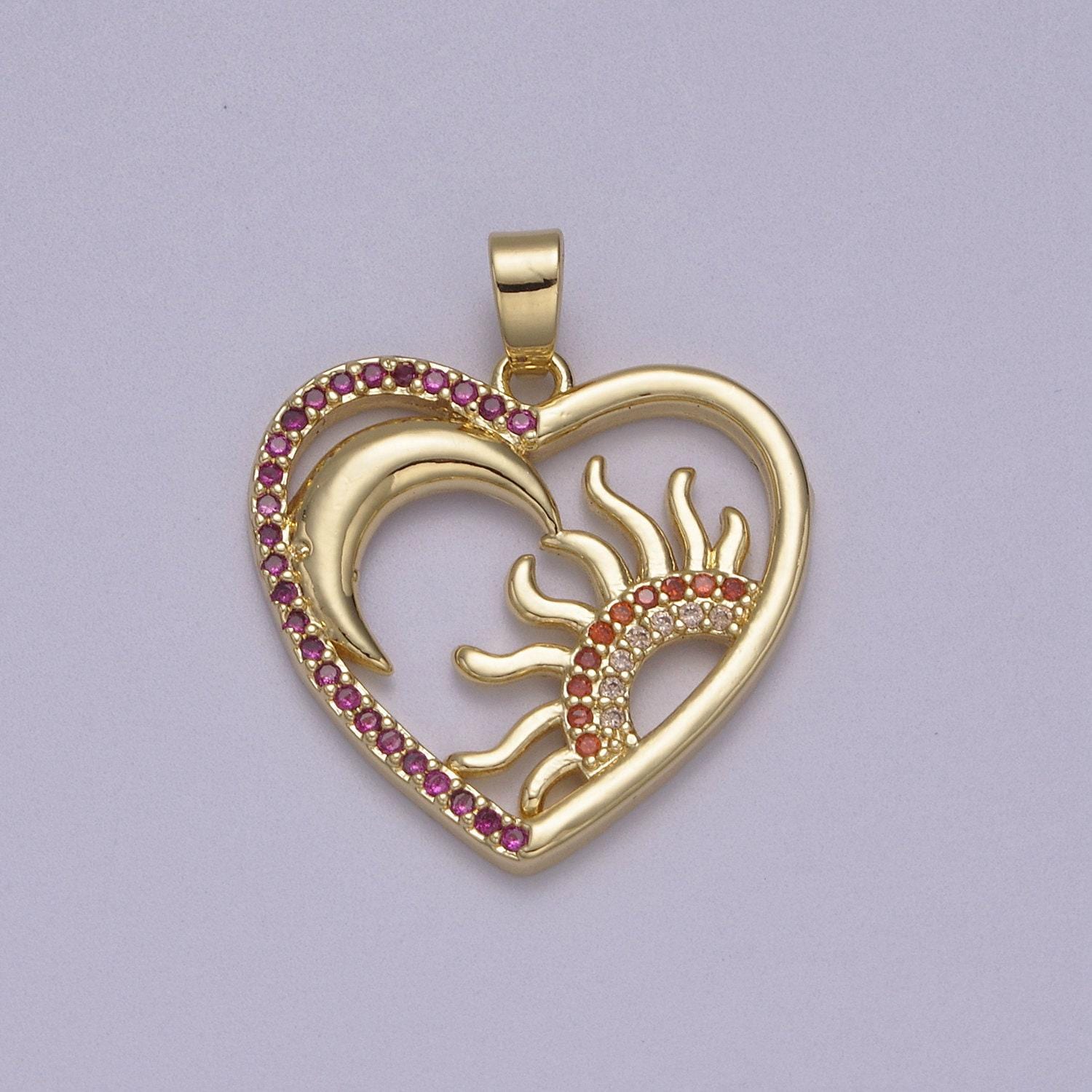 Dainty heart pendant with crescent moon & shining sun 14k gold filled micro pave | diy jewelry charm necklace bracelet earring | n-594