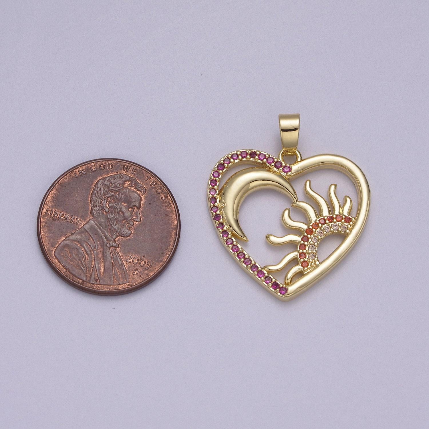 Dainty heart pendant with crescent moon & shining sun 14k gold filled micro pave | diy jewelry charm necklace bracelet earring | n-594
