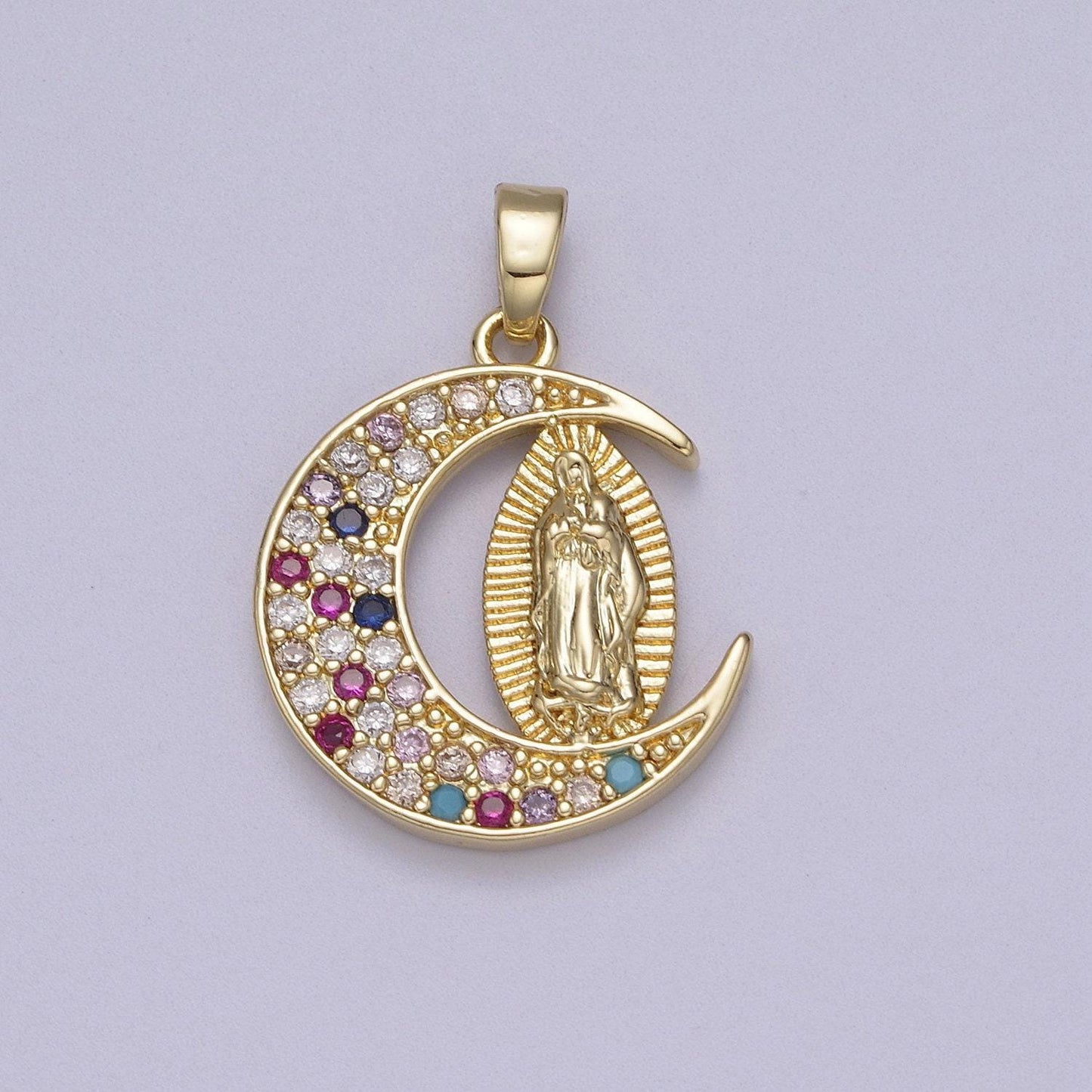 Dainty crescent moon with virgin mary pendant in clear or multi color cz 14k gold filled | diy fashion charm necklace bracelet | n-588 n-589