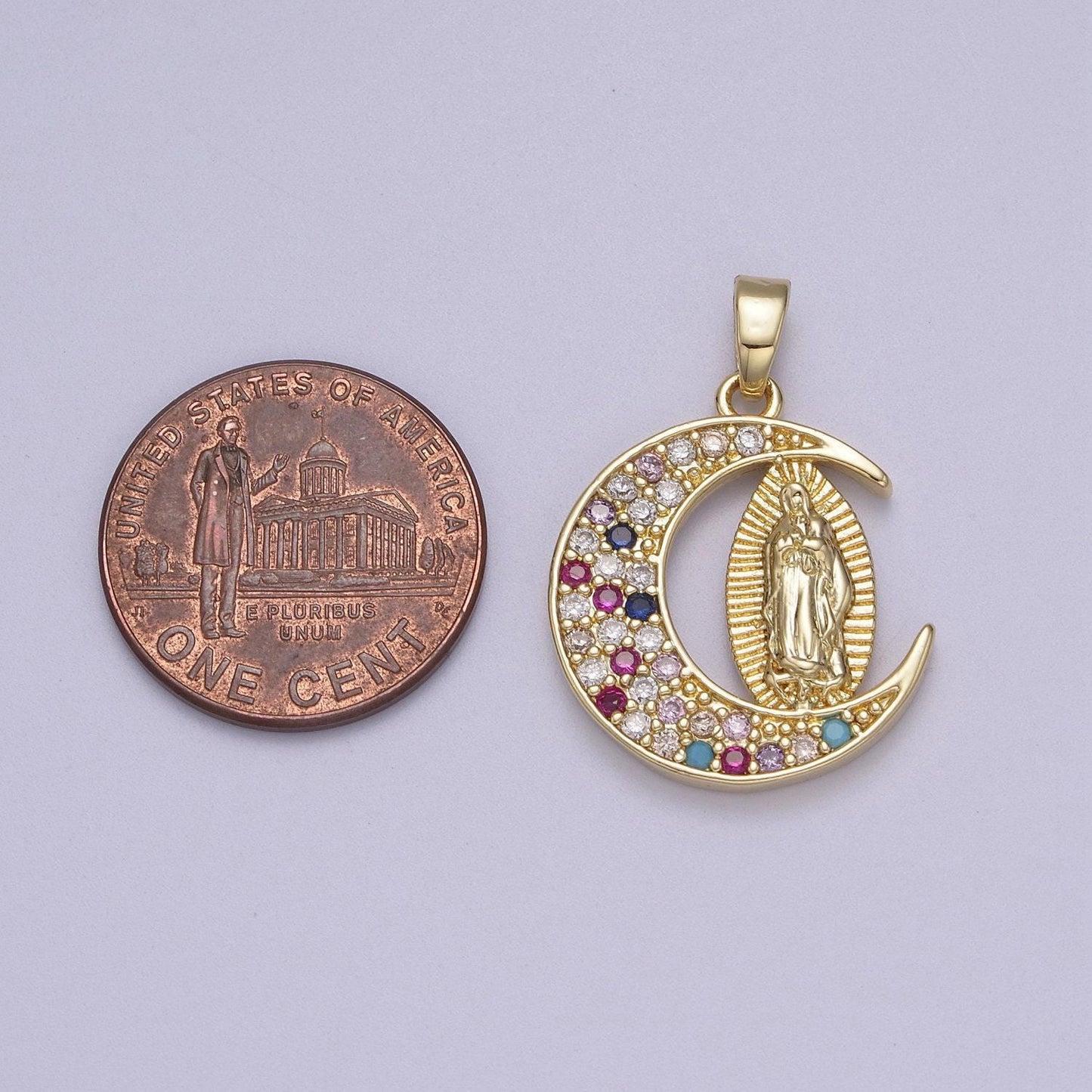 Dainty crescent moon with virgin mary pendant in clear or multi color cz 14k gold filled | diy fashion charm necklace bracelet | n-588 n-589