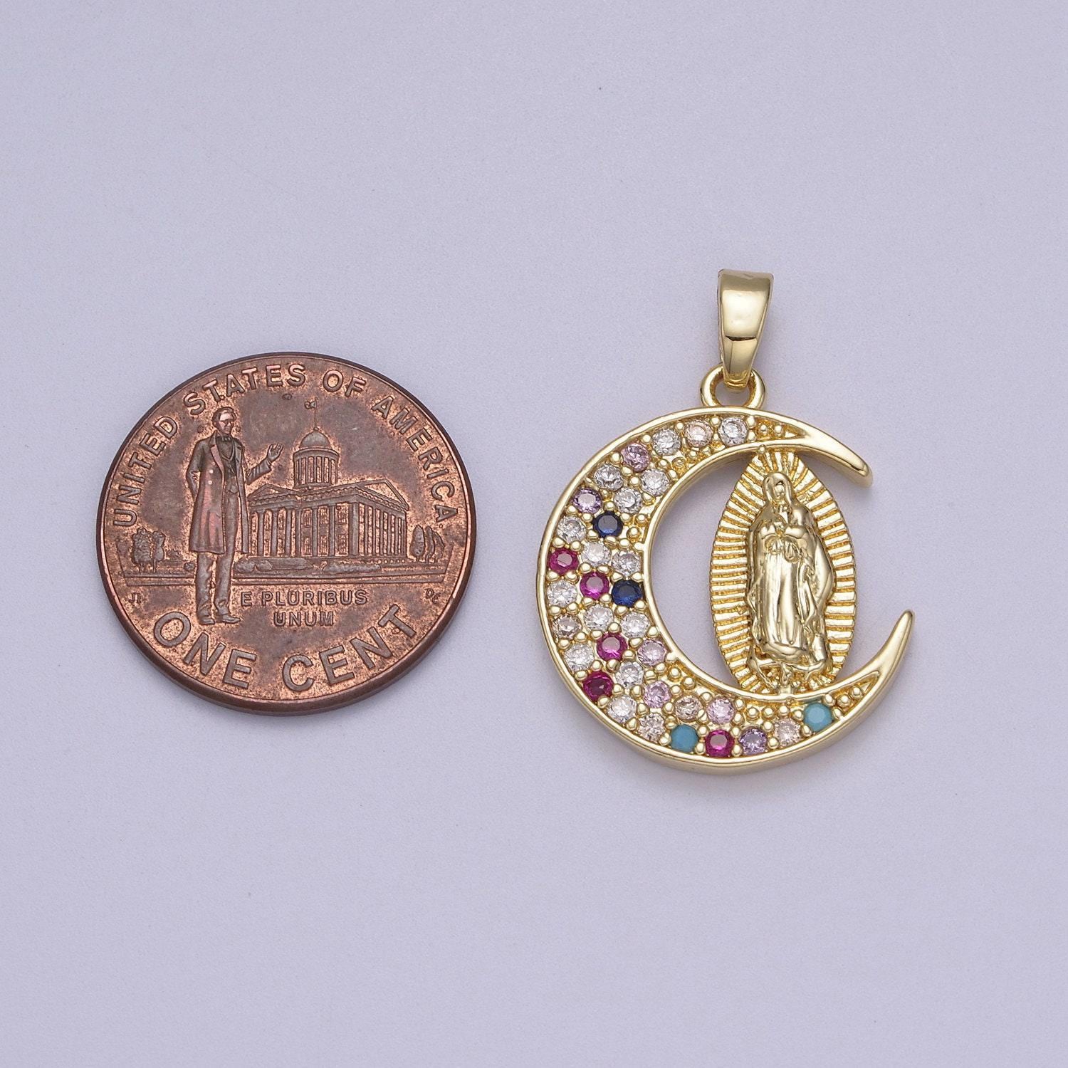 Dainty crescent moon with virgin mary pendant in clear or multi color cz 14k gold filled | diy fashion charm necklace bracelet | n-588 n-589
