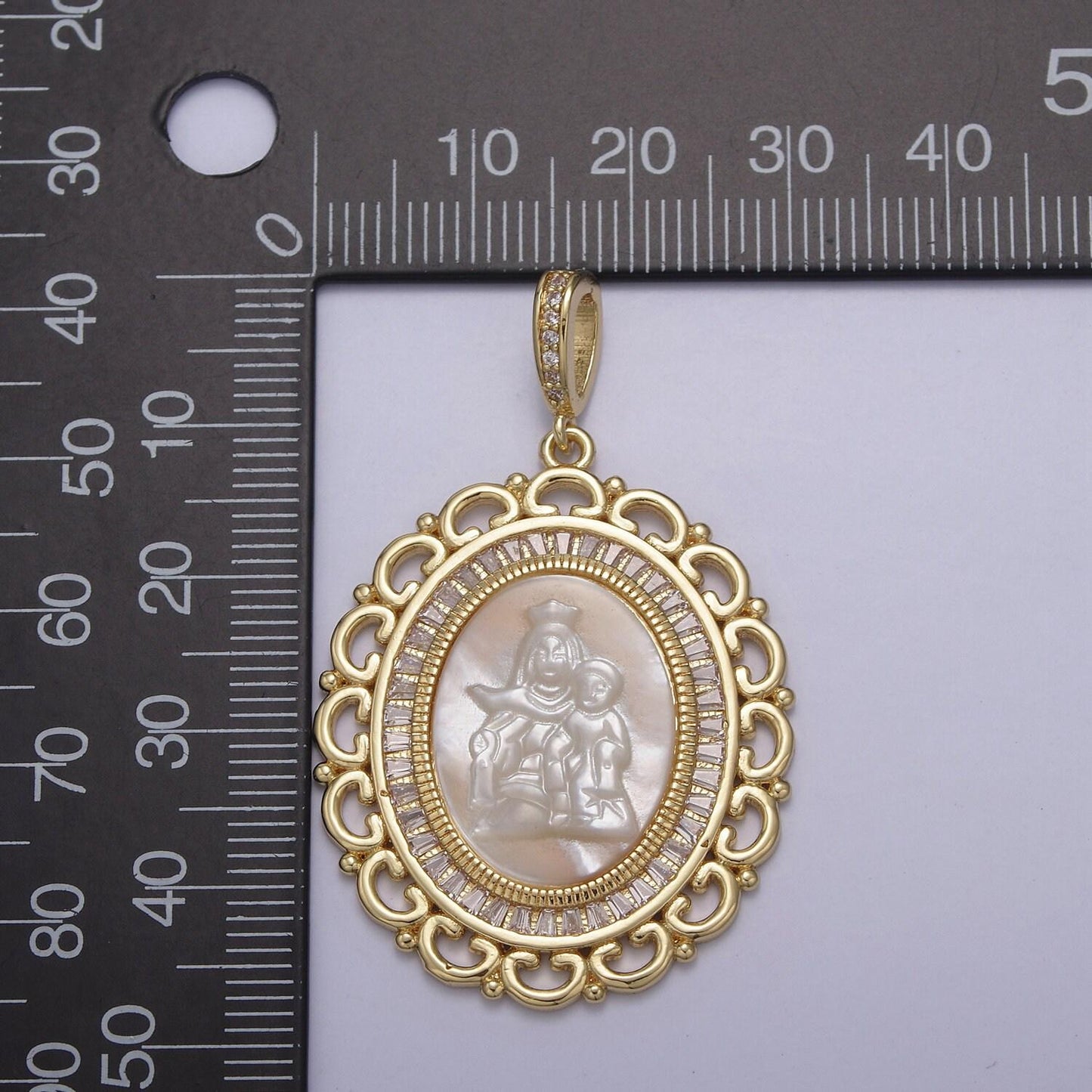 Bold cz baguette paved lady guadalupe holding baby jesus oval pendant ornate virgin mary on pearl religious diy charm supply| n-563