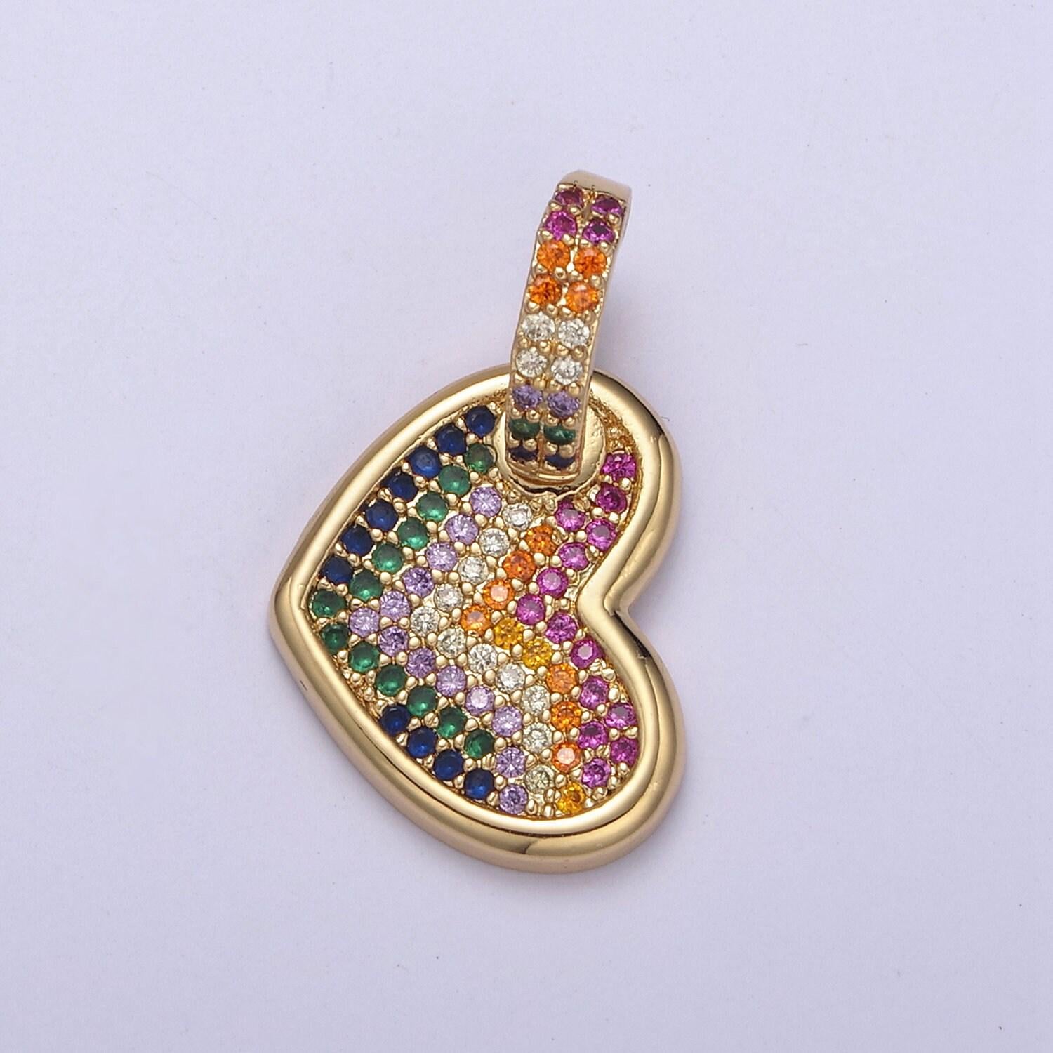 Gold filled multicolor rainbow micro pave crystal zirconia cz love heart charm pendant for valentine's, n-541