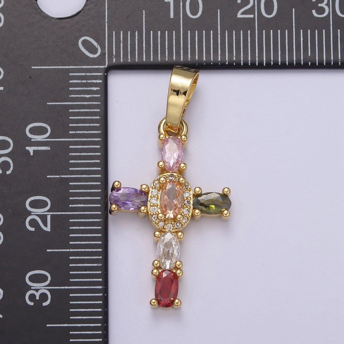 24k gold filled cross pendant, multicolor red clear green purple pink orange cubic zirconia cz christian catholic jewelry supply n-537
