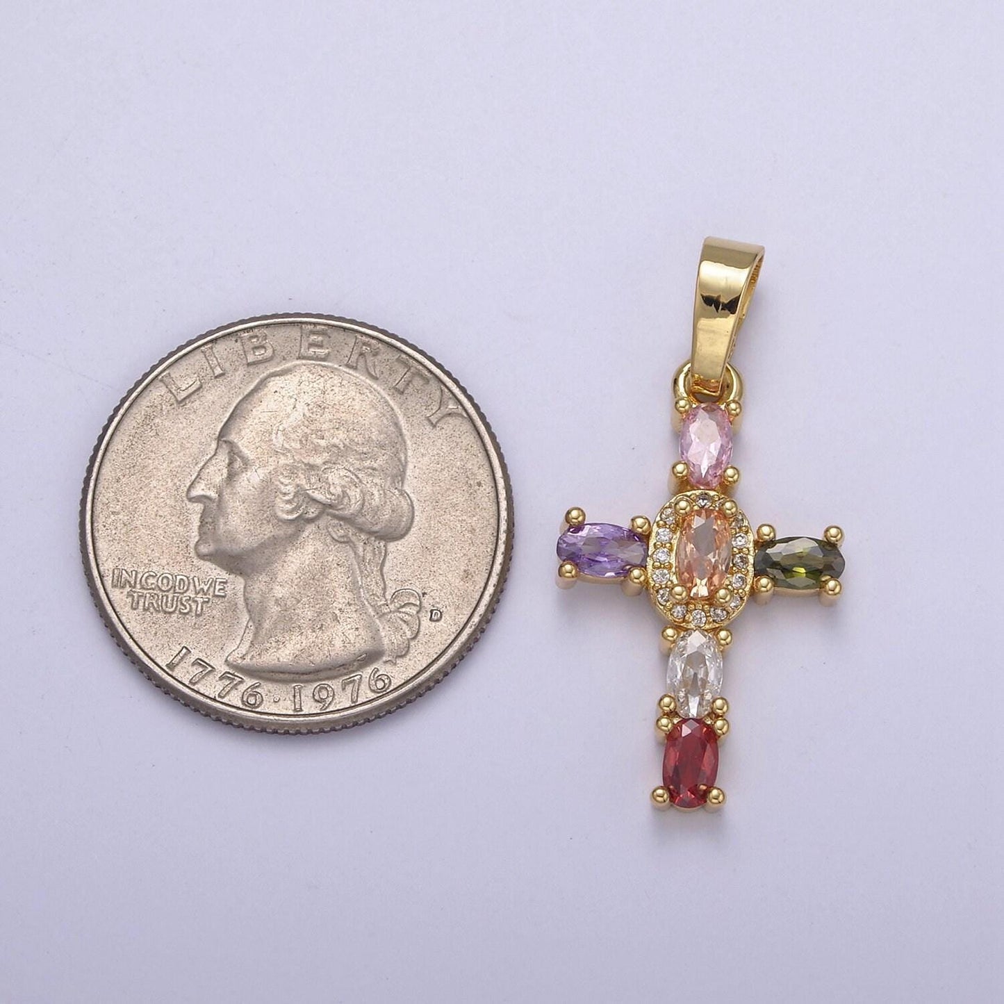 24k gold filled cross pendant, multicolor red clear green purple pink orange cubic zirconia cz christian catholic jewelry supply n-537