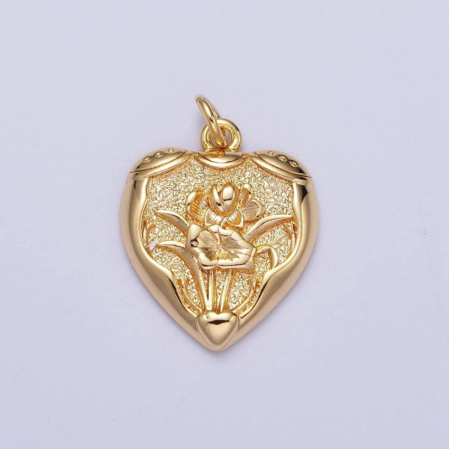 16k gold filled flower engraved textured heart charm | n-533