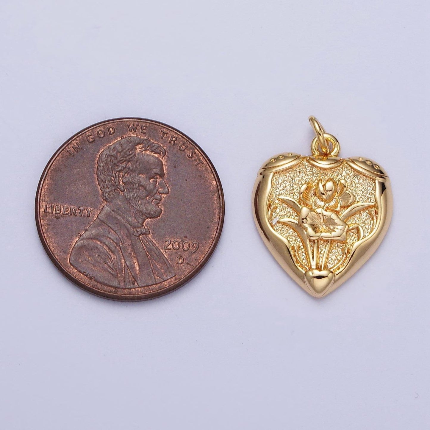 16k gold filled flower engraved textured heart charm | n-533