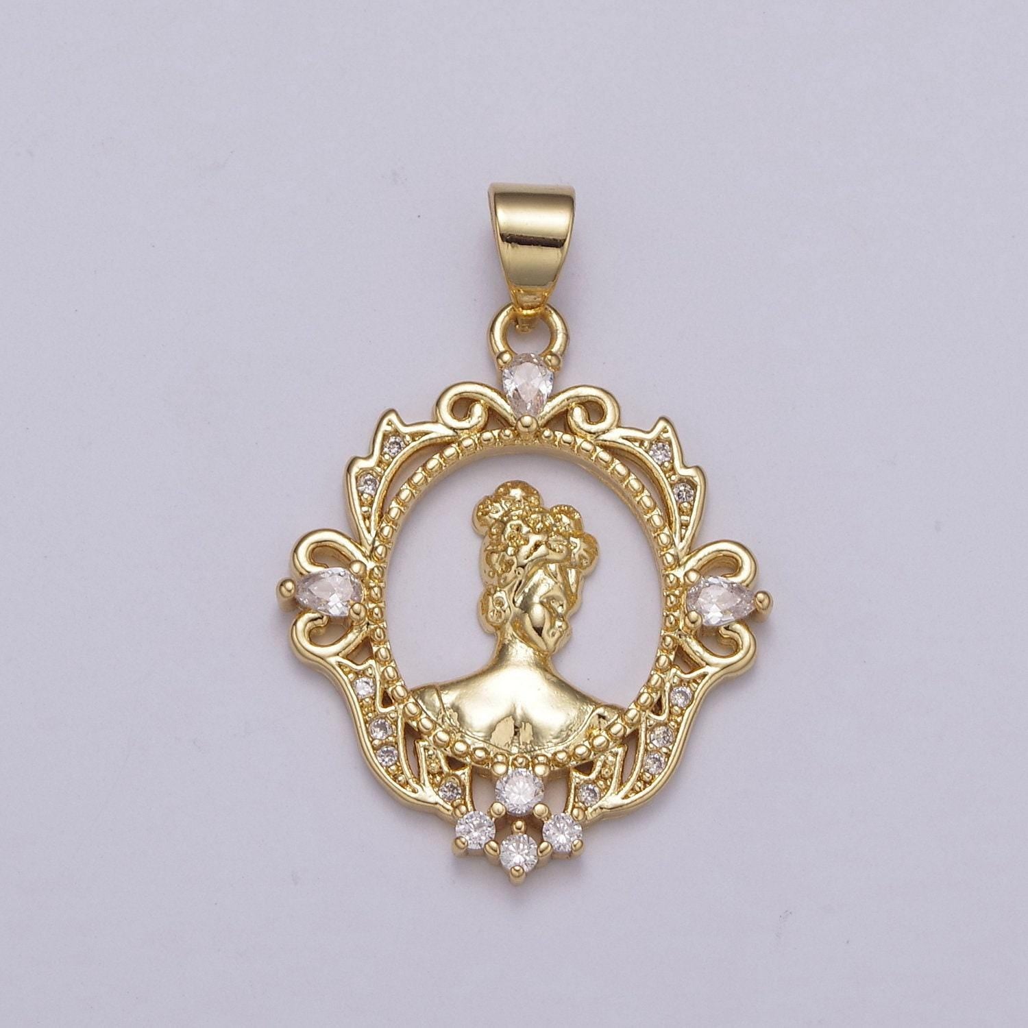 Dainty gold cameo pendant victorian inspired queen in the mirror n-529