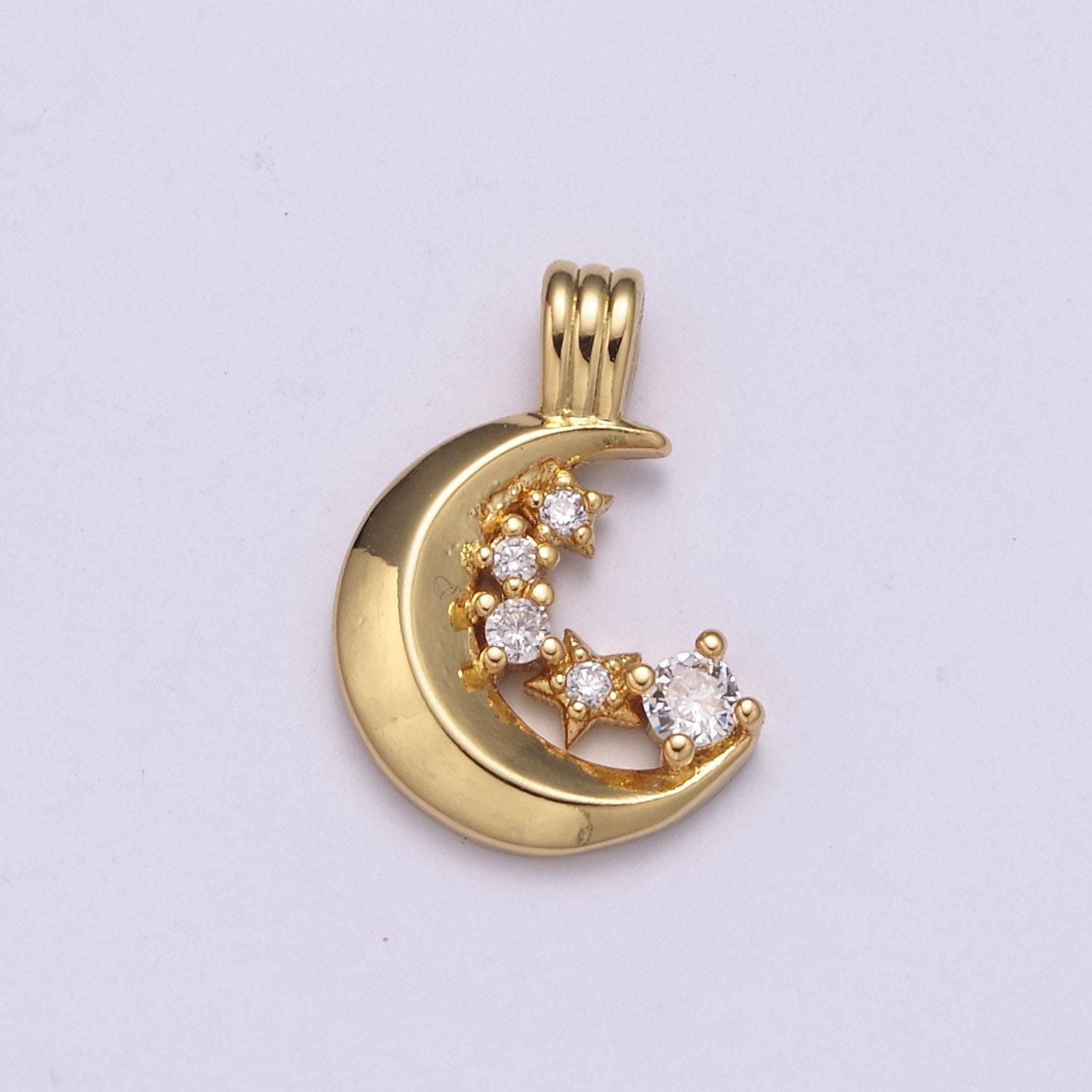 Crescent moon cz pave charm, star cz clear gold pendant, cubic bracelet charm, croissant charm for wristlet bracelet making n-525