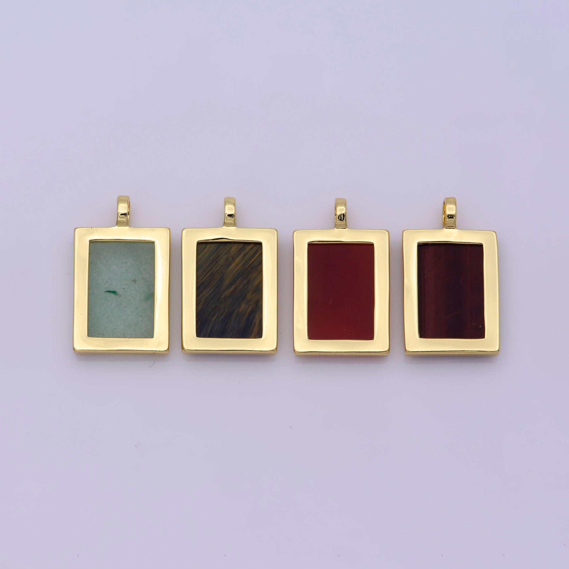 Gold rectangle gemstone medallion pendant tiger eye, carnelian ,green agate for minimalist classic jewelry n-487~n-490