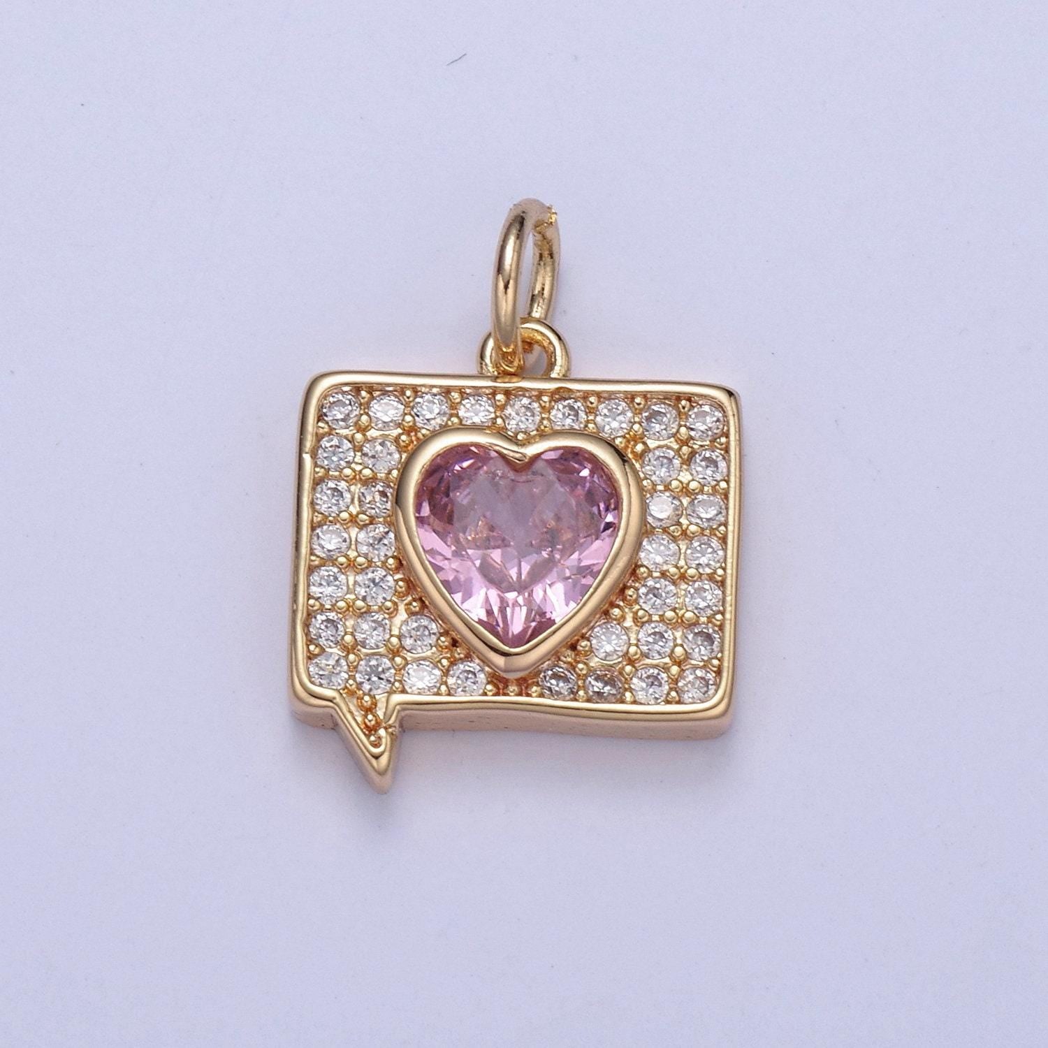 Dainty micro pave heart message emoji charm, pink love message inspired heart gold fill charm for diy earring bracelet necklace supply -n433