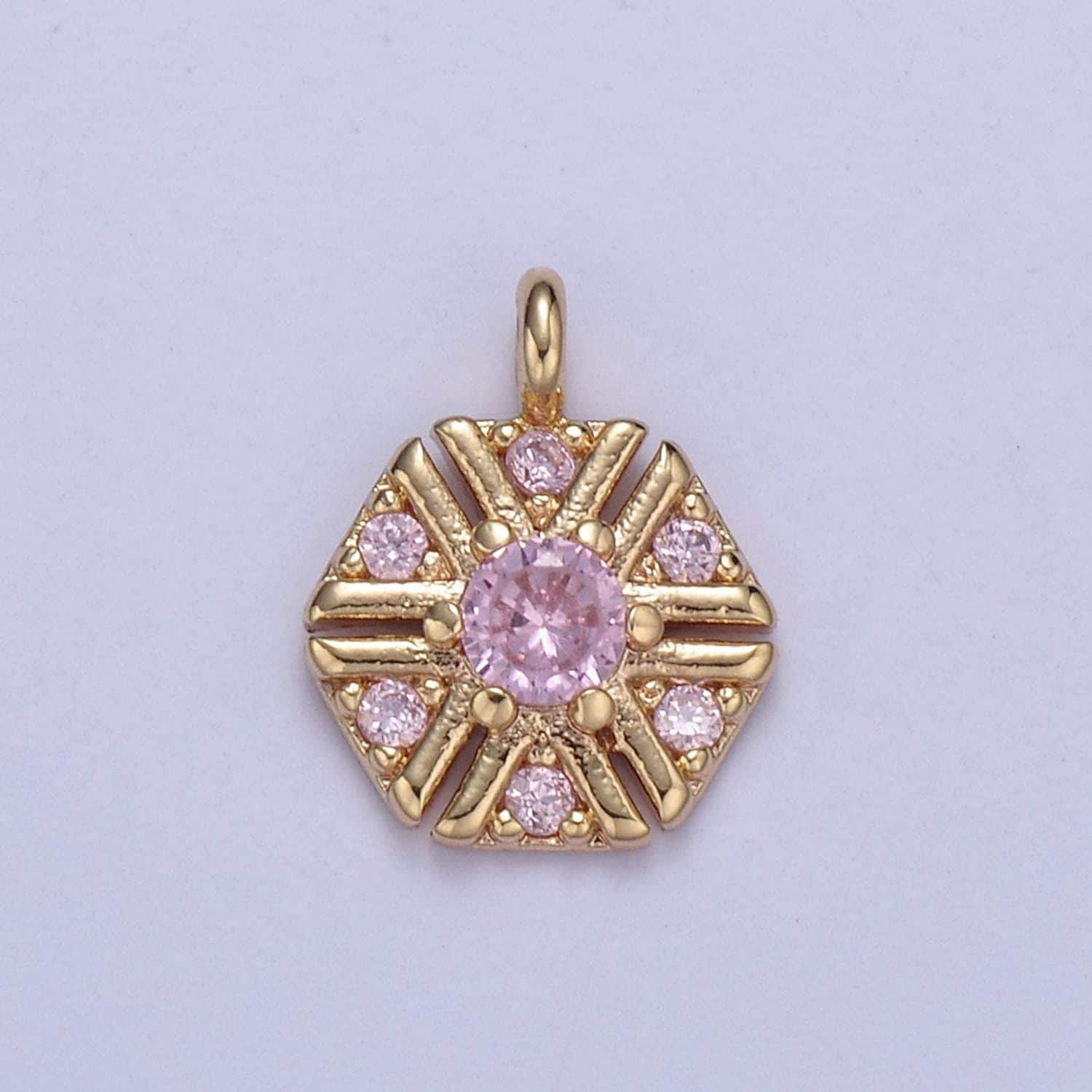 Dainty 16k gold filled hexagon pendant gold pink cz charm gold geometric necklace celestial jewelry charm for diy earring bracelet necklace