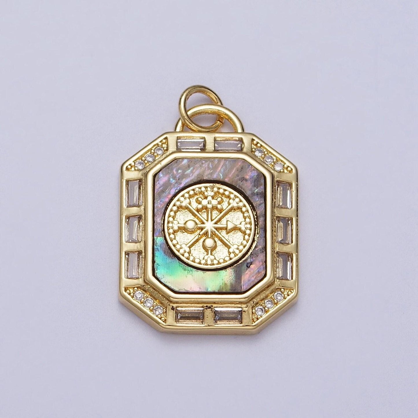 24k gold filled octagon pendant necklace, dainty tag, rectangular baguette cz charm shell pearl abalone supply gold compass adventure c209