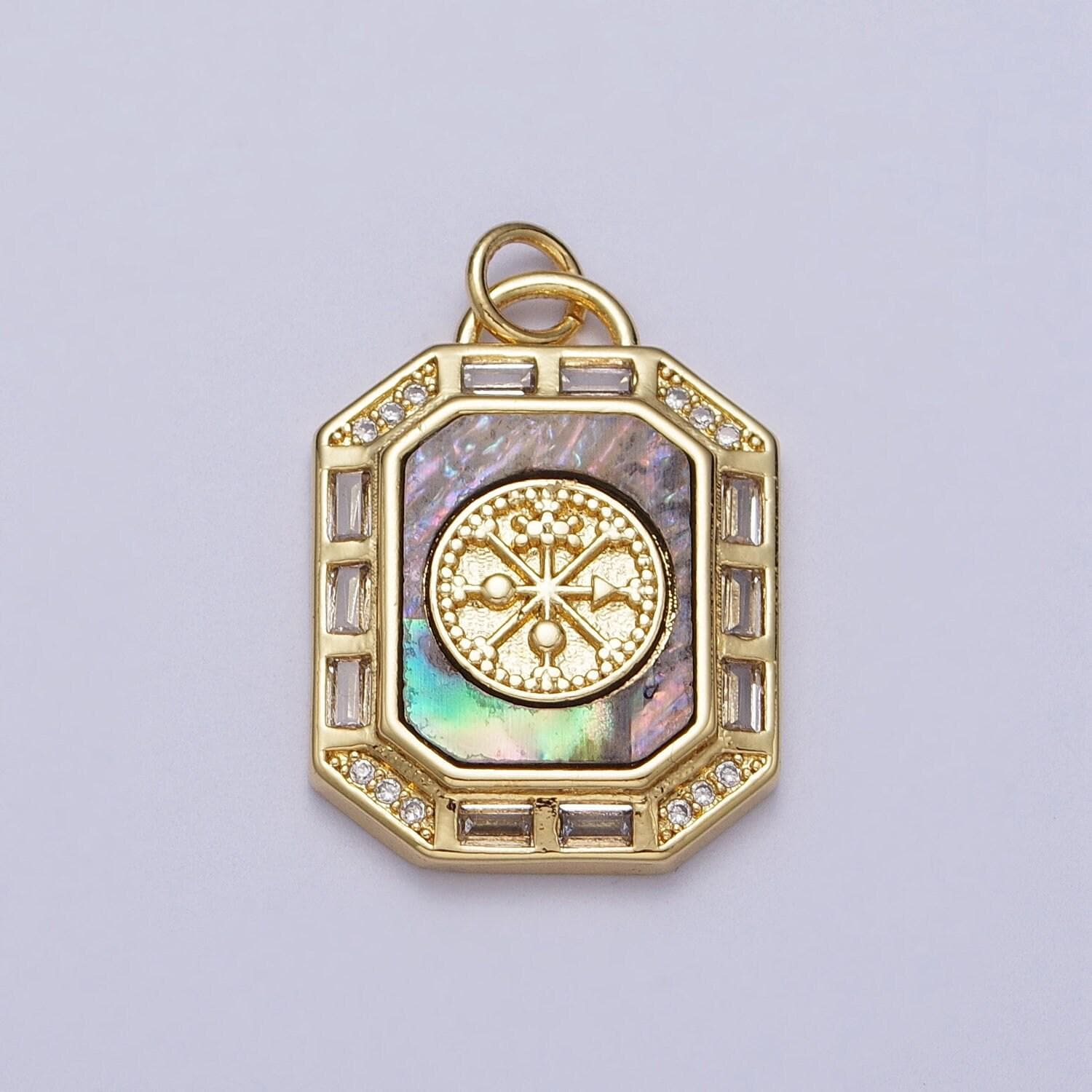 24k gold filled octagon pendant necklace, dainty tag, rectangular baguette cz charm shell pearl abalone supply gold compass adventure c209