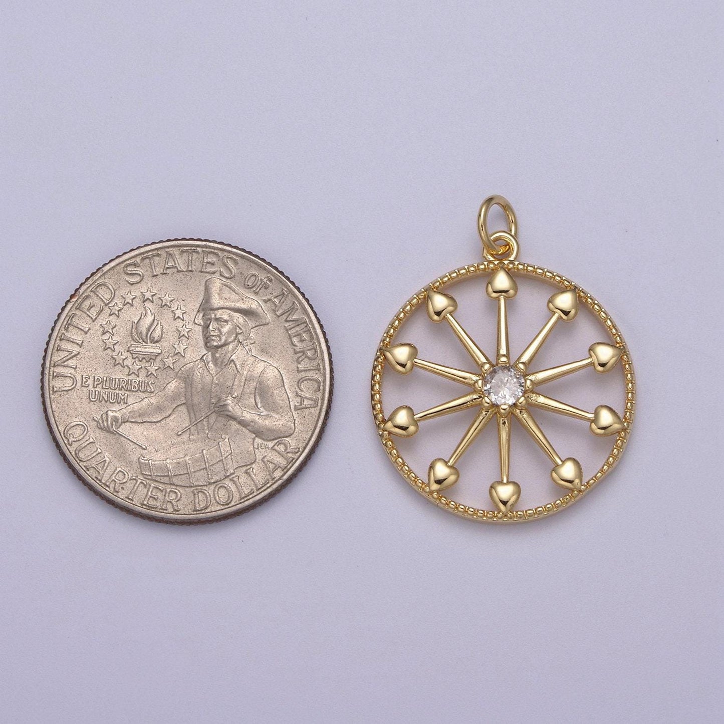 Heart gold wheel micro pave cz charm - cubic zirconia pioneer wagon ferris wheel wholesale charms n-389
