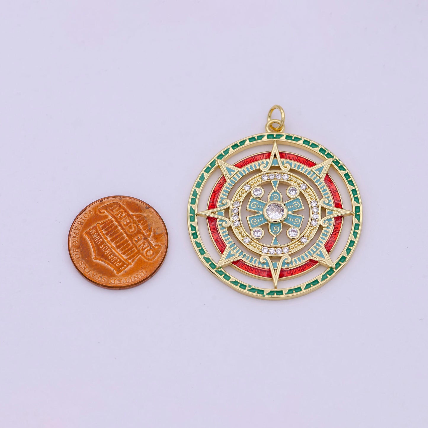 Gold filled compass medallion pendant charm for statement jewelry necklace, diy fashion jewelry making | n-366