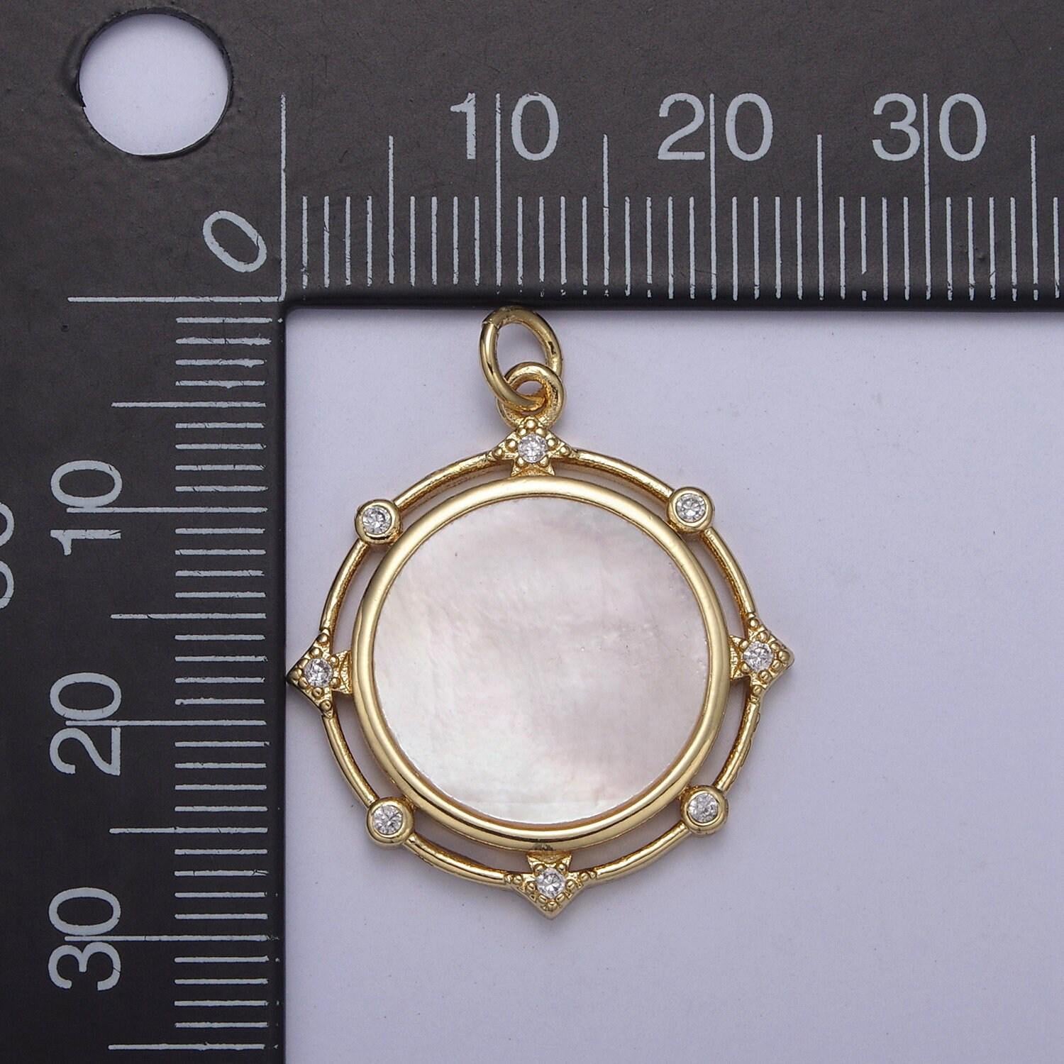 14k gold filled micro cz pave coin charm with shell pearl medallion pendant for necklace n-344