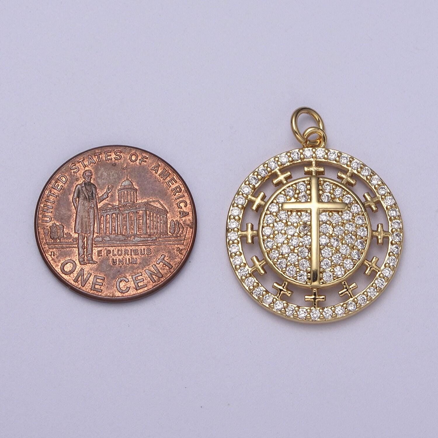 Dainty cubic cross round coin medallion pendant in gold catholic charms religious jewelry n-338