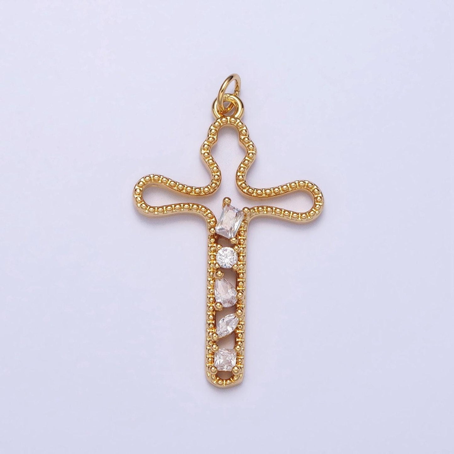 Gold, silver religious beaded abstract wiggly cross clear cz cubic zirconia charm | e417 n279
