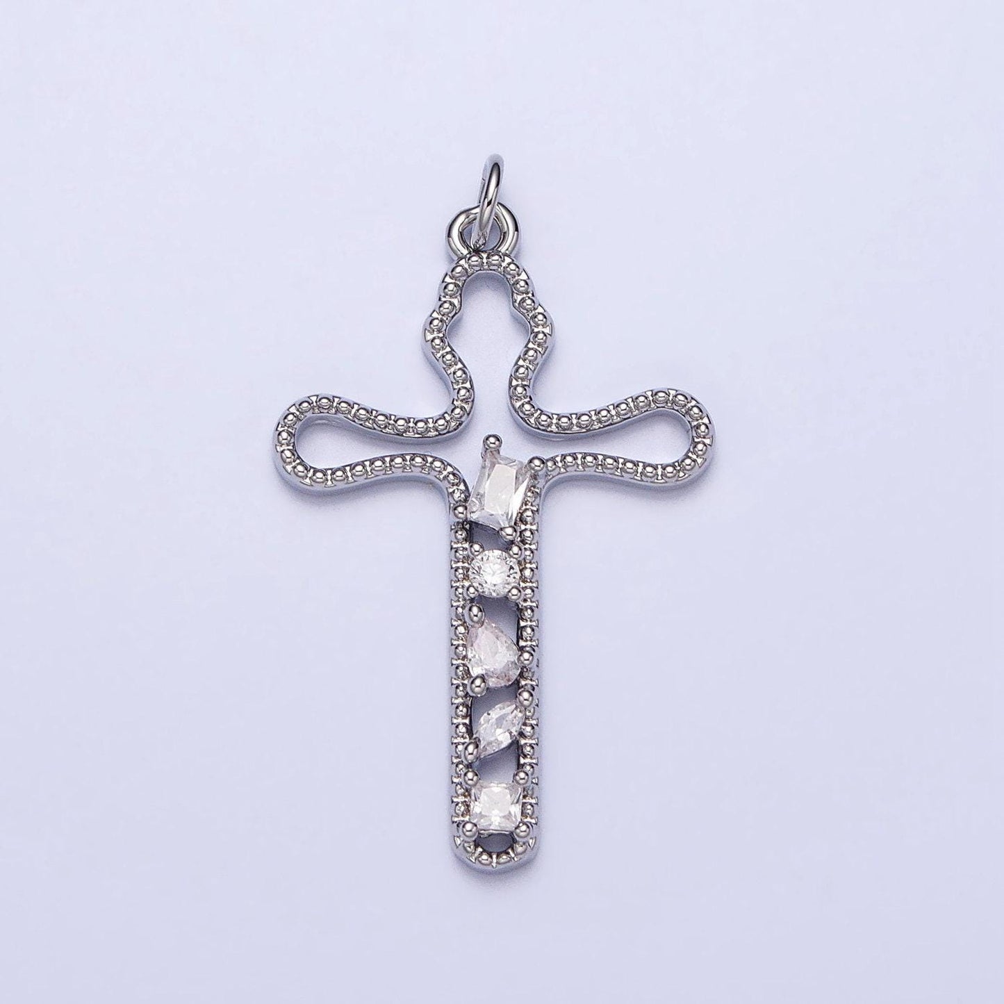 Gold, silver religious beaded abstract wiggly cross clear cz cubic zirconia charm | e417 n279