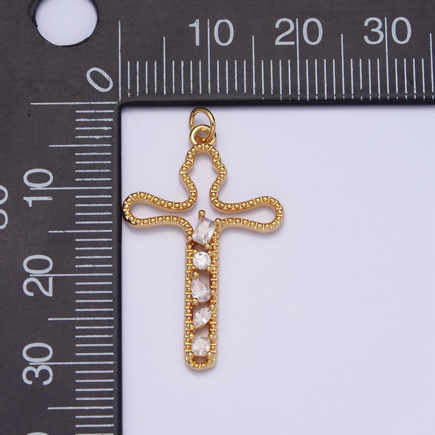 Gold, silver religious beaded abstract wiggly cross clear cz cubic zirconia charm | e417 n279