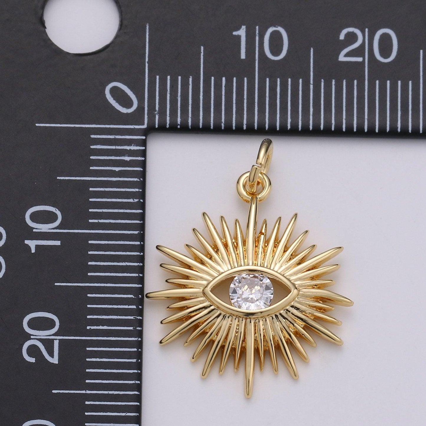24k gold filled evil eye,cz solitaire evil eye charm, clear cz gold evil eye charm, sun burst jewelry supply, e-149, n-246