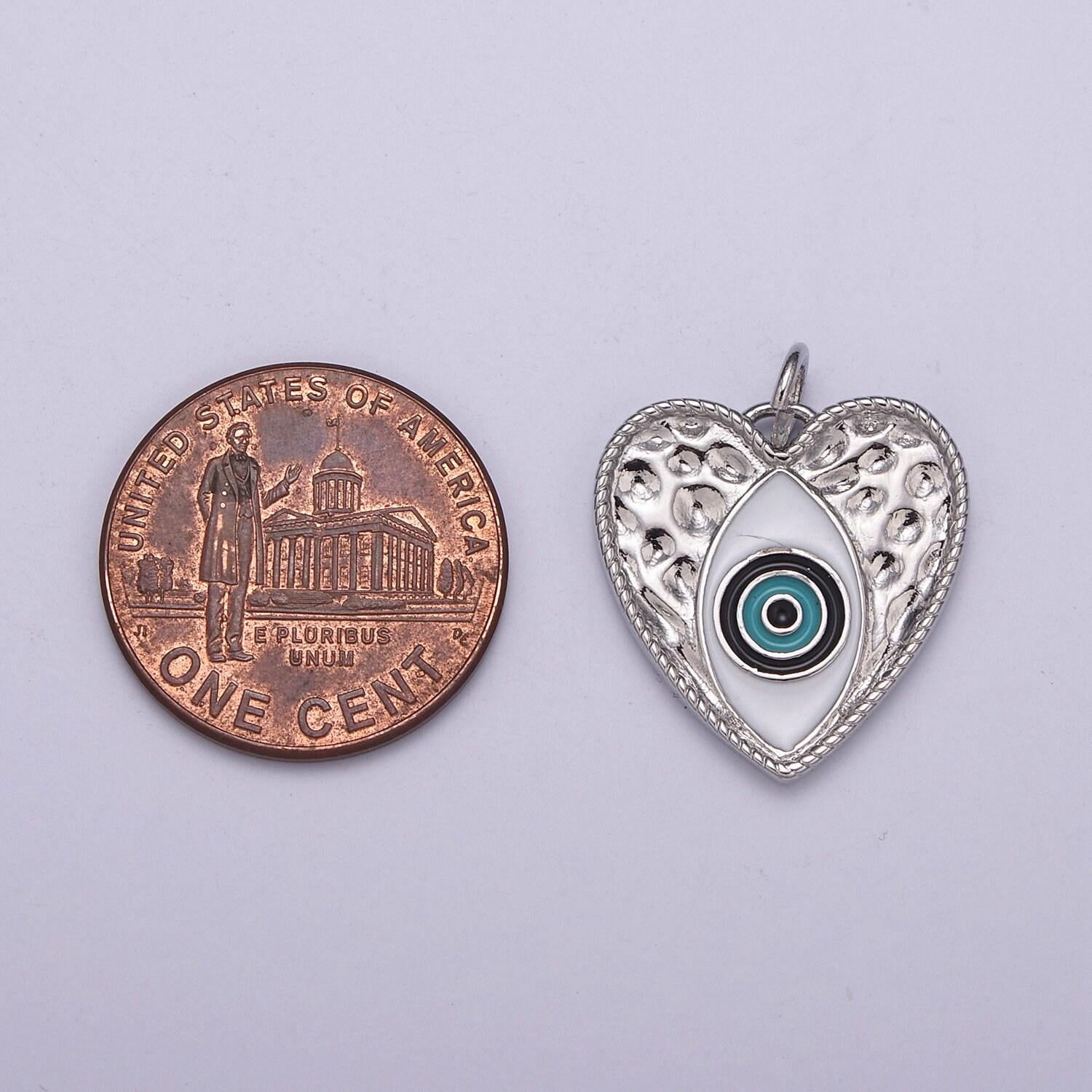 White, blue enamel evil eye love charm pendant, evil eye heart pendant, cubic whitegold love jewelry making supply, n-207