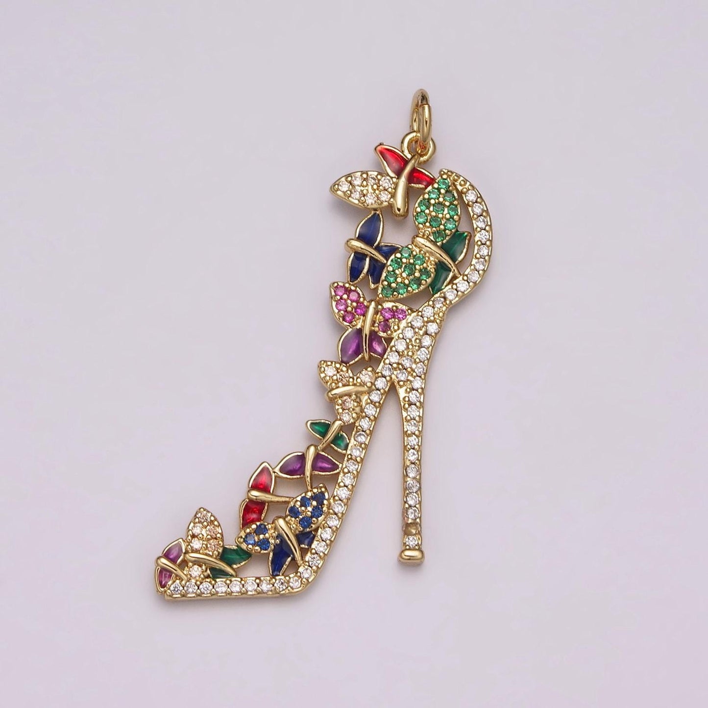 Luxury multi color cz high heel pendant shoe necklace, enamel fashionista charm, 24k gold filled high heel pendant silver