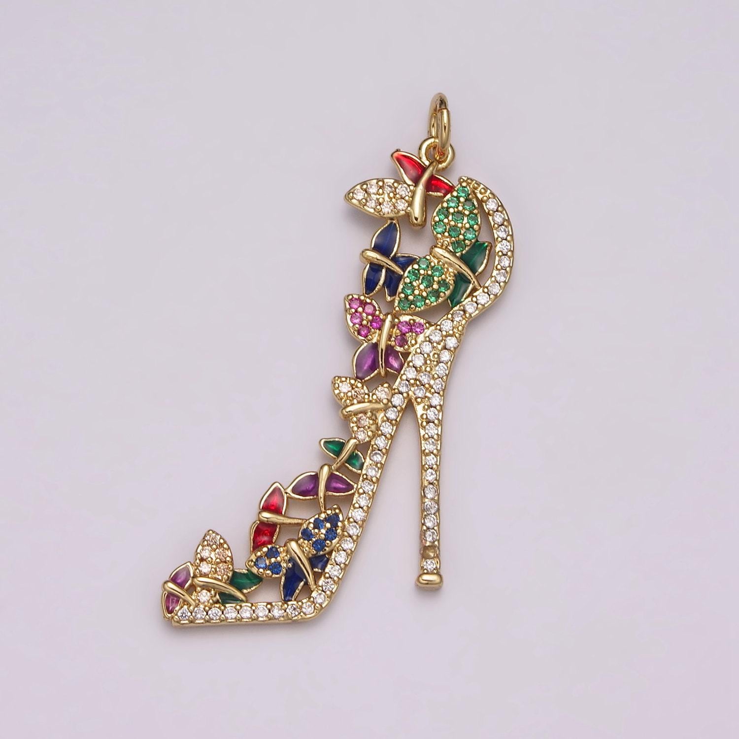 Luxury multi color cz high heel pendant shoe necklace, enamel fashionista charm, 24k gold filled high heel pendant silver
