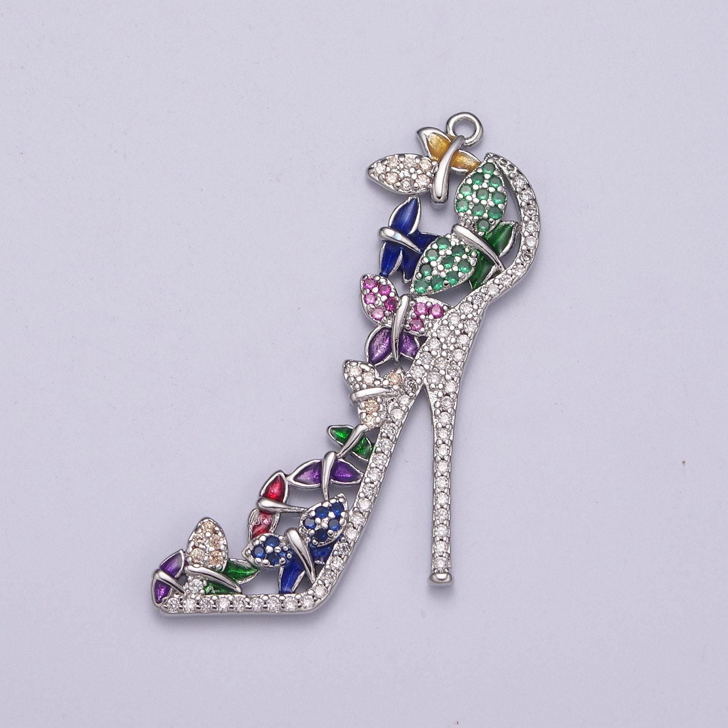 Luxury multi color cz high heel pendant shoe necklace, enamel fashionista charm, 24k gold filled high heel pendant silver