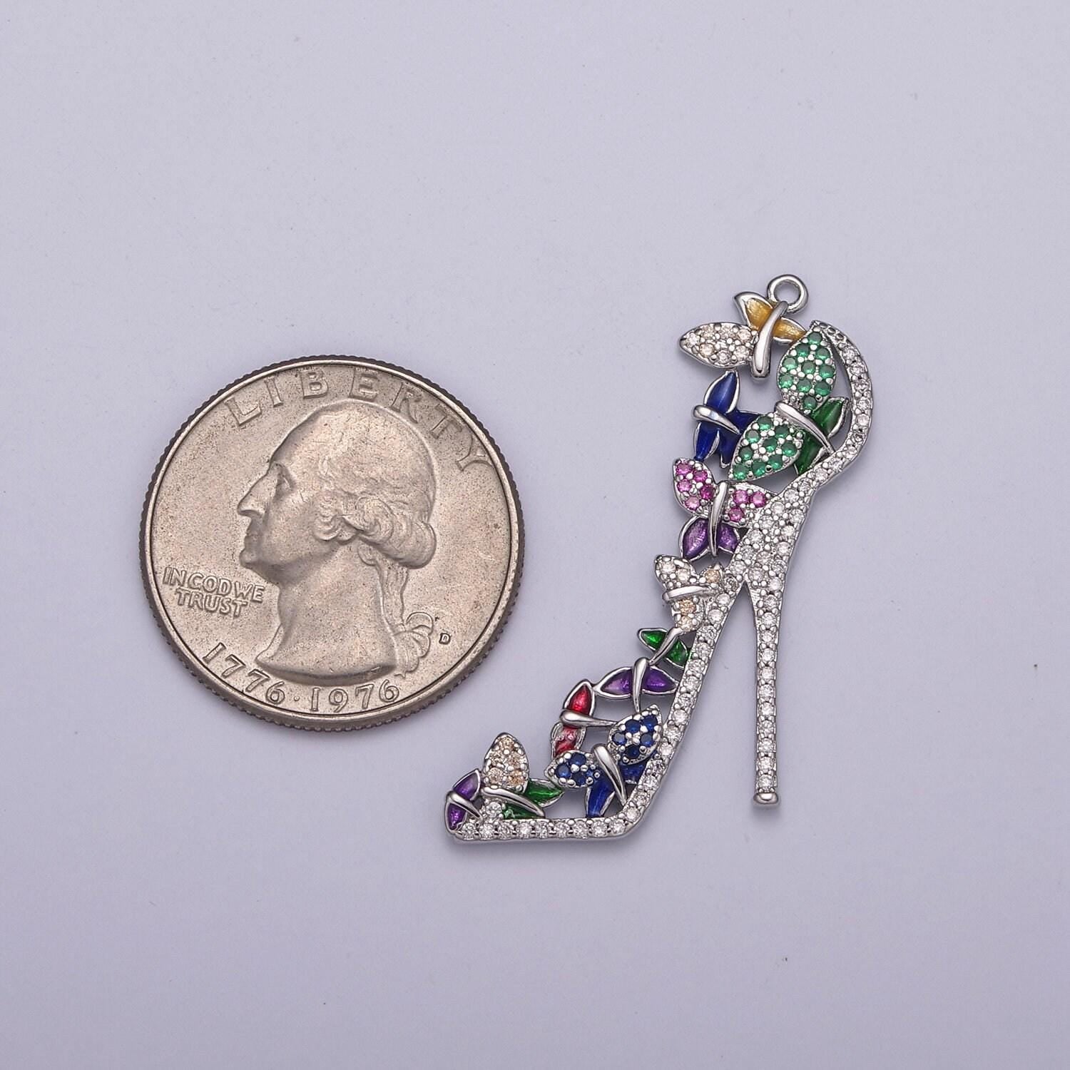 Luxury multi color cz high heel pendant shoe necklace, enamel fashionista charm, 24k gold filled high heel pendant silver