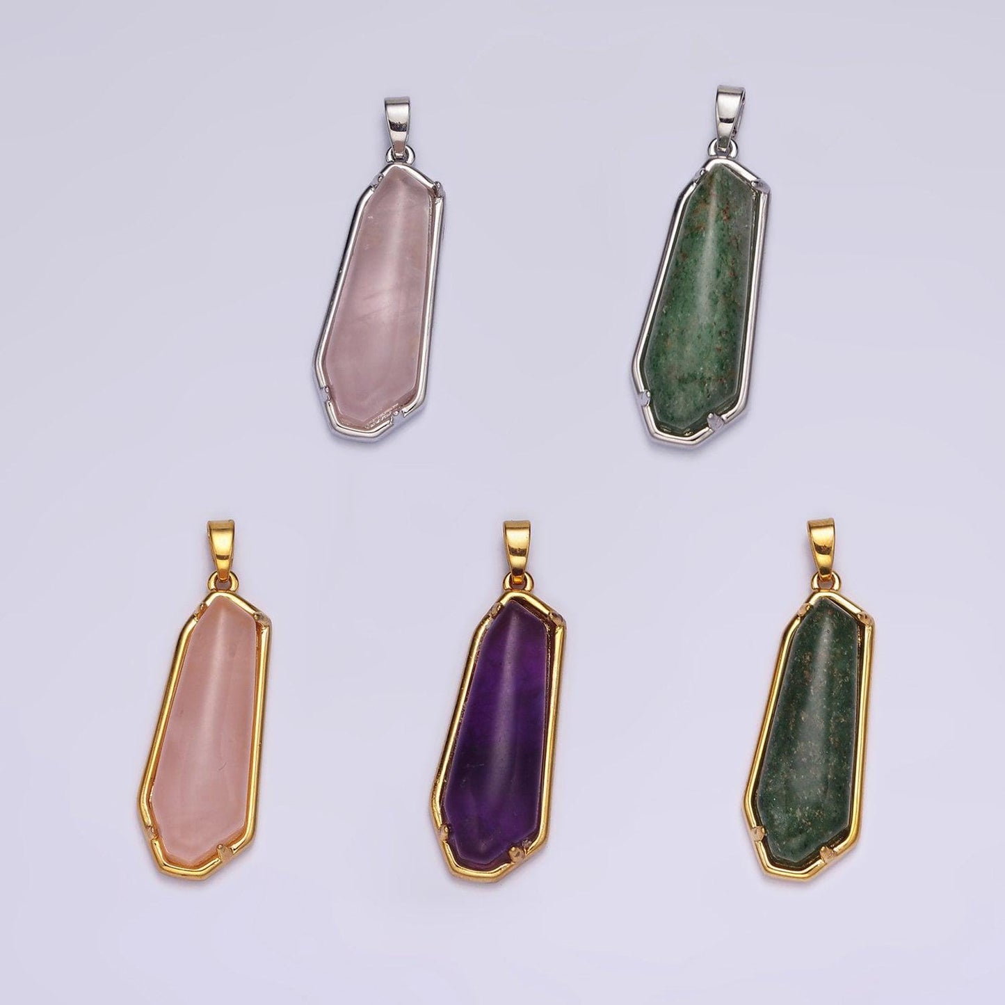 14k gold filled rose quartz, aventurine, amethyst geometric bezel pendant in gold & silver | n2030 - n2034