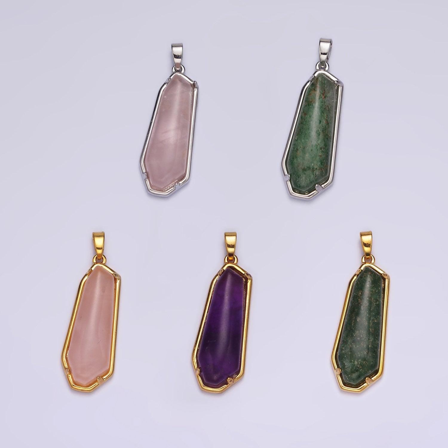 14k gold filled rose quartz, aventurine, amethyst geometric bezel pendant in gold & silver | n2030 - n2034