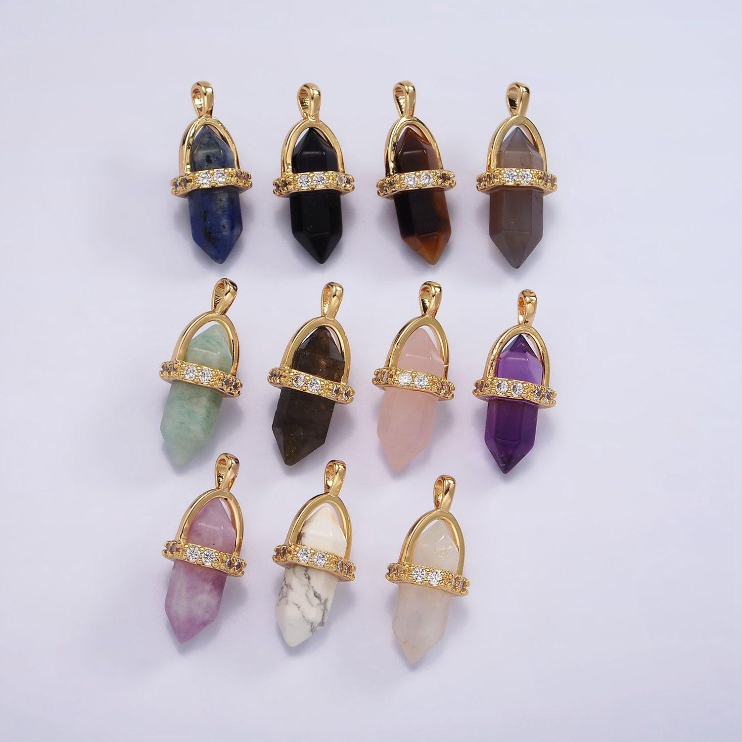 14k gold filled rose quartz, amethyst, labradorite, aquamarine, howlite, onyx pointed wand micro paved pendant | n1996 - n2006