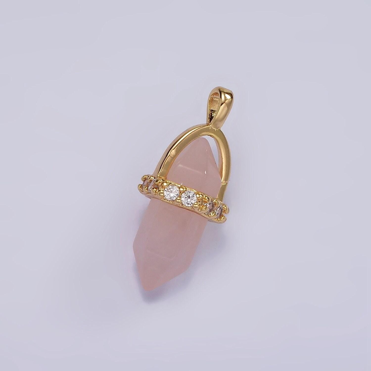 14k gold filled rose quartz, amethyst, labradorite, aquamarine, howlite, onyx pointed wand micro paved pendant | n1996 - n2006