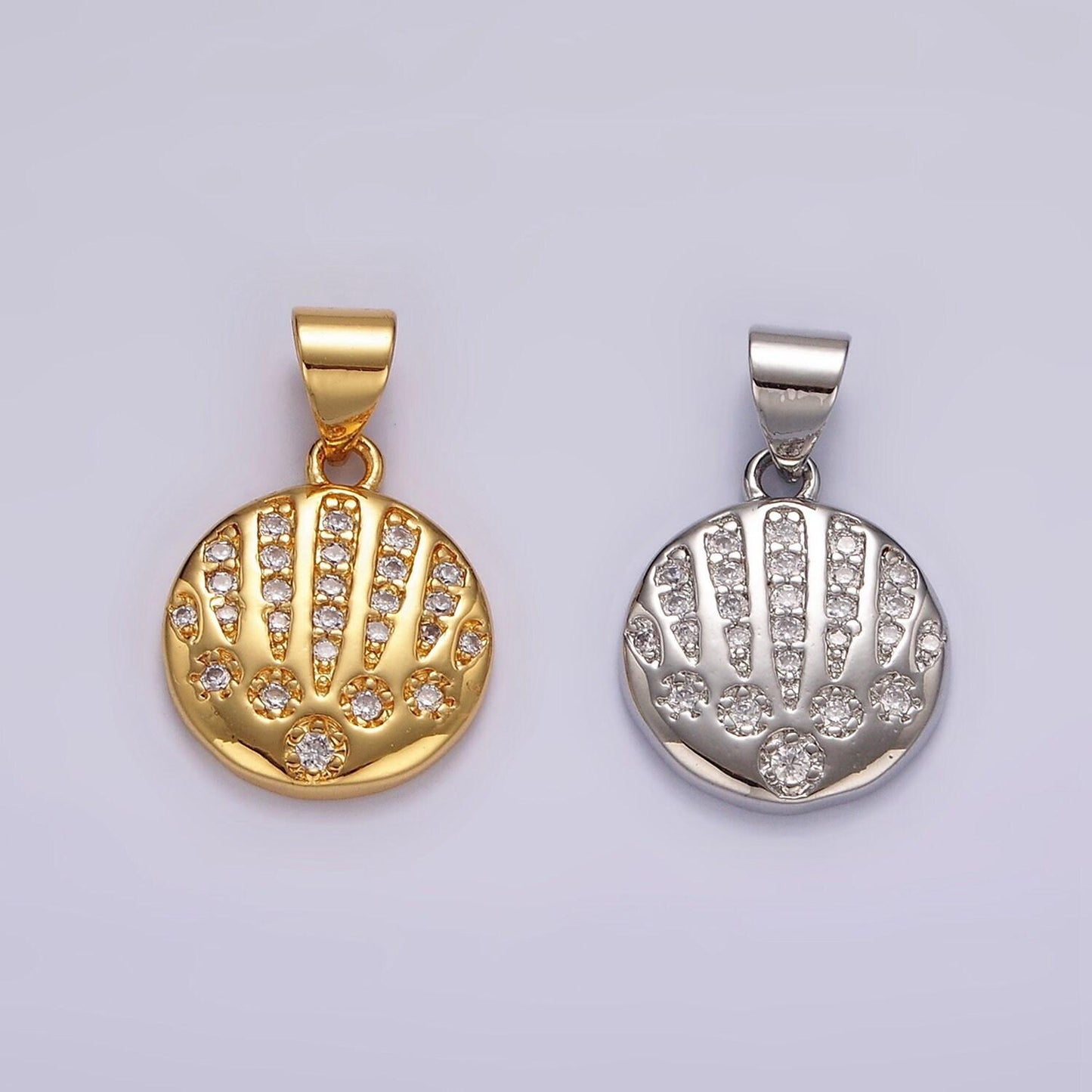 14k gold filled clear cz micro paved ocean clam sea shell round pendant in gold & silver | n1974